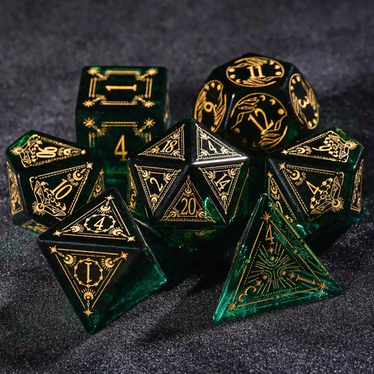 Rune Gold-rimmed Emerald Dice Set | Bear Dice