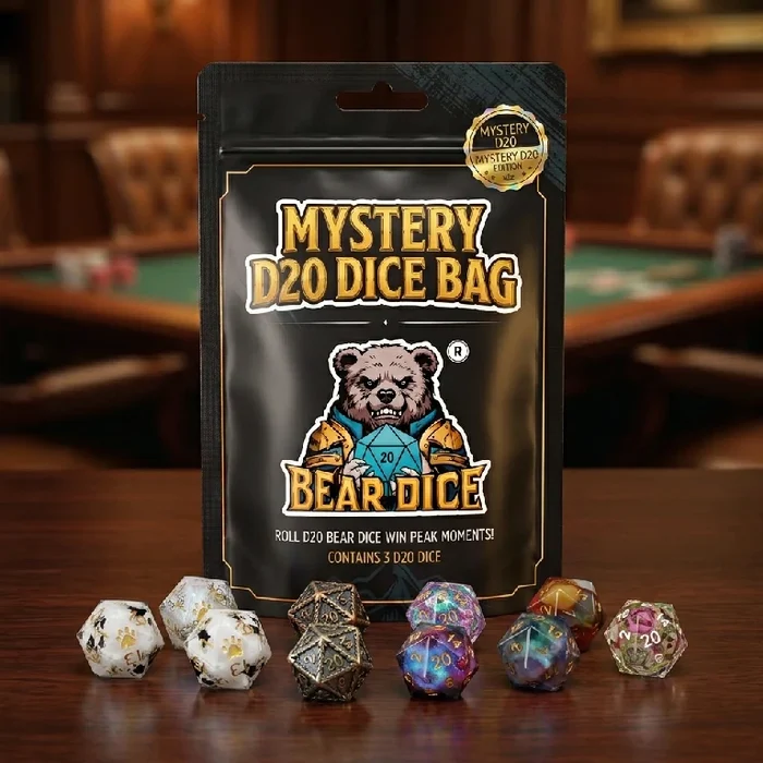 Bear Dice Mystery D20 Dice Bag with assorted D20 dice sets