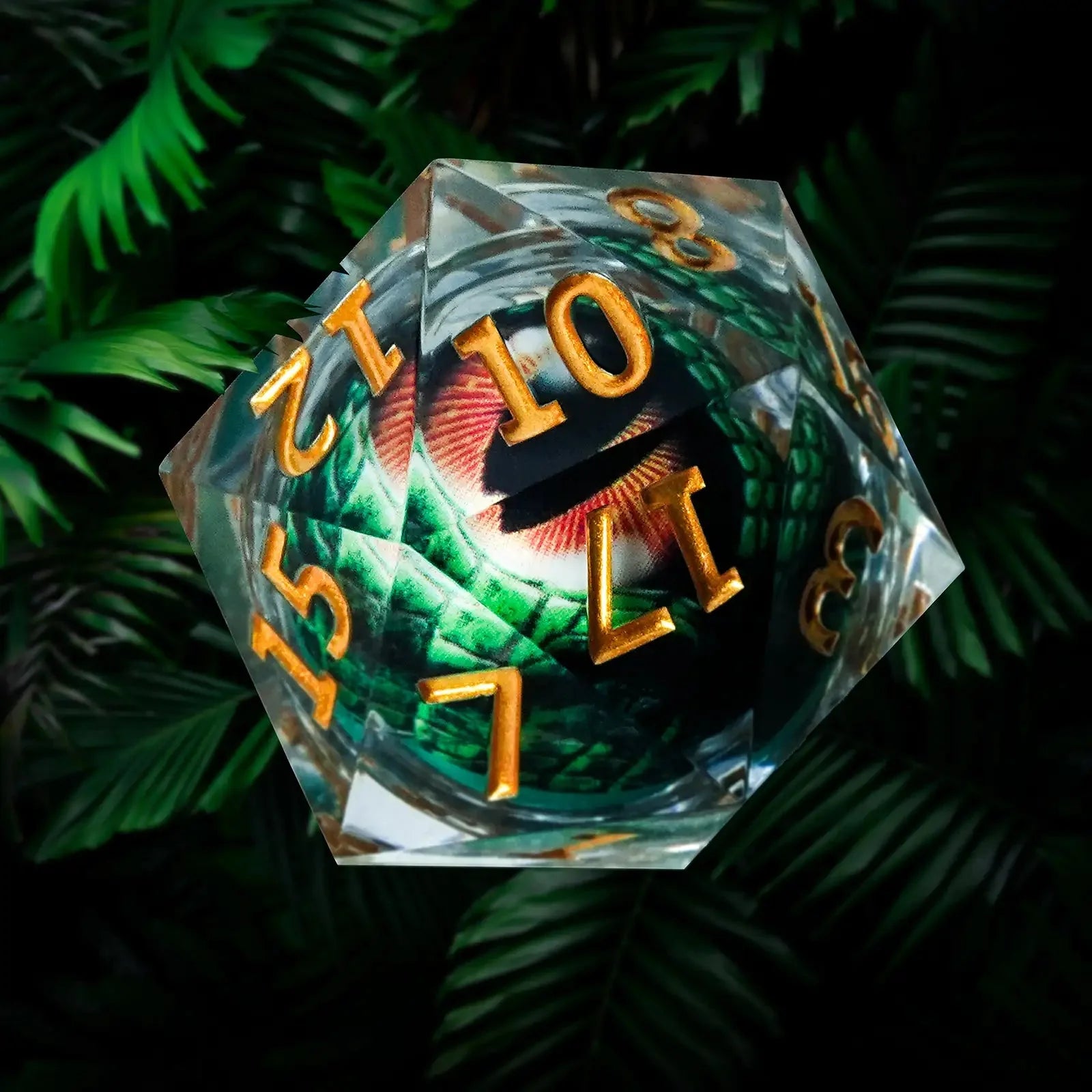 35mm Giant Green Dragon Eye Liquid Core Clear Resin D20 Dice with Gold Numbers | Bear Dice