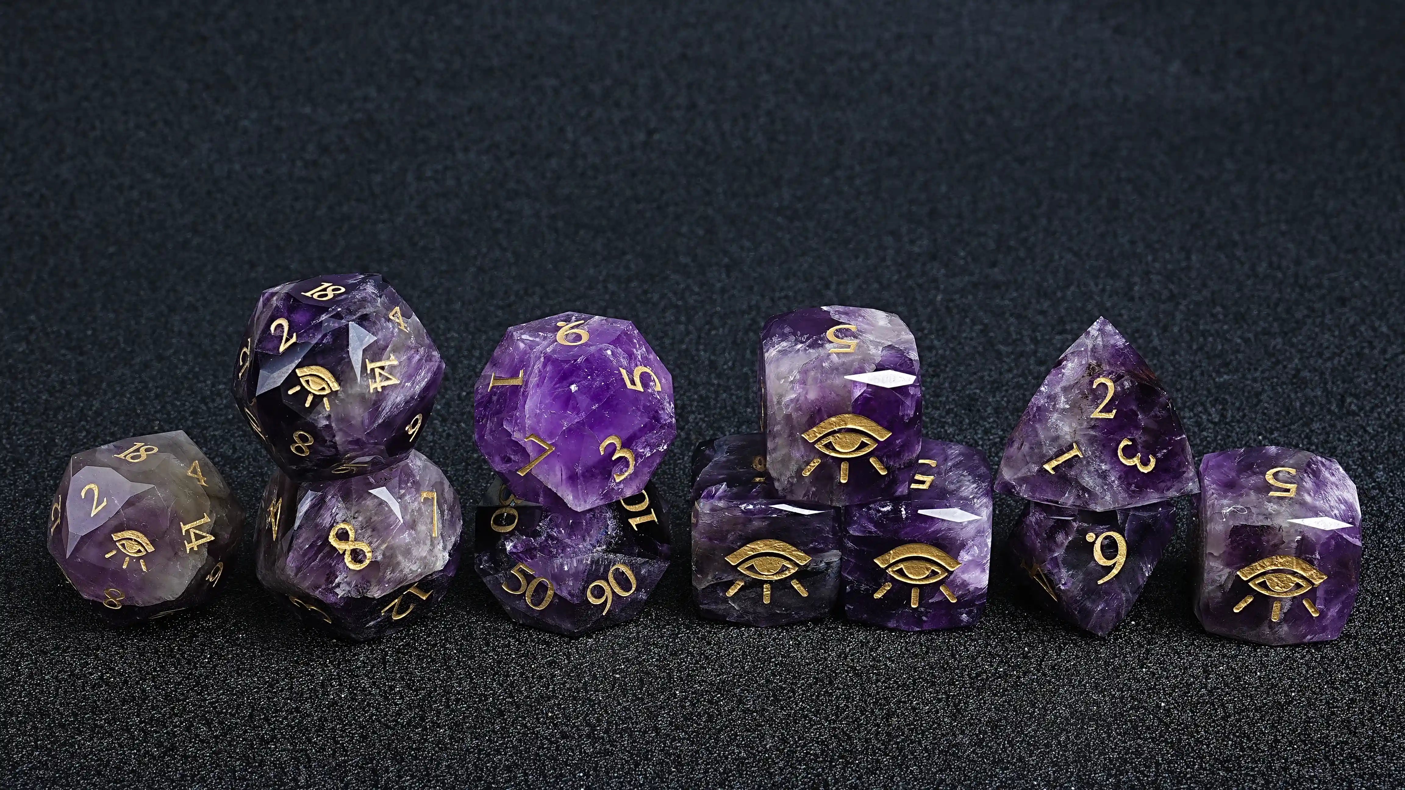 Natural Amethyst 11-Piece Gemstone Dice Set — Gold "All-Seeing Eye" Gemstone Dice