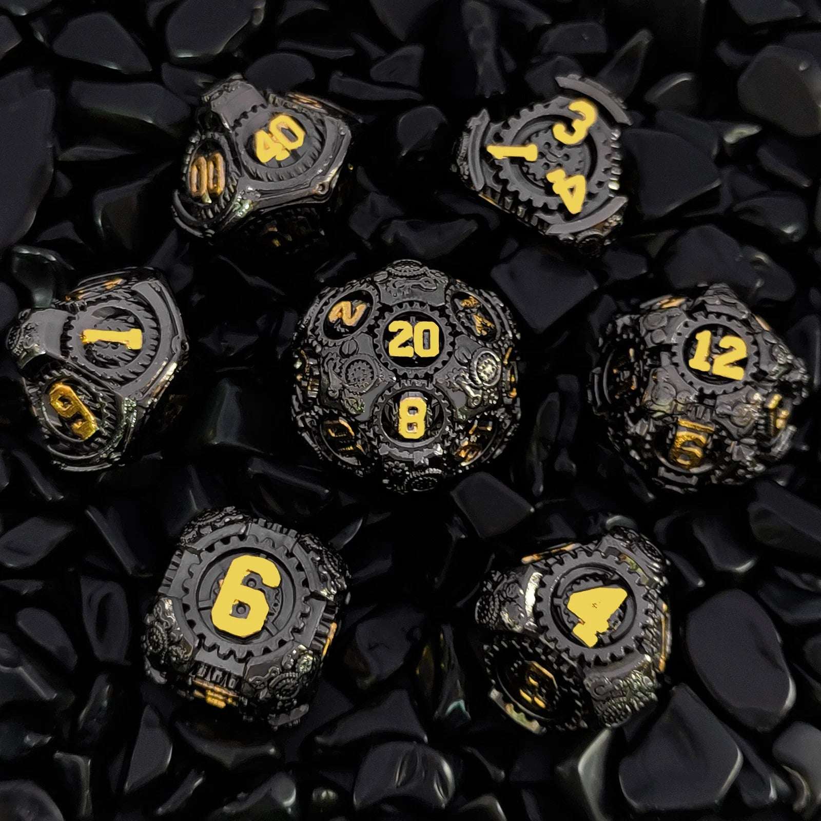 Black mechanical gear solid metal DND dice set with gold numbers | Bear Dice