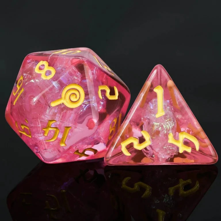Kickstarter Trickster Dice - Pink Resin Candy Curse DND D20 and D4 Dice, Yellow Numbers | Bear Dice