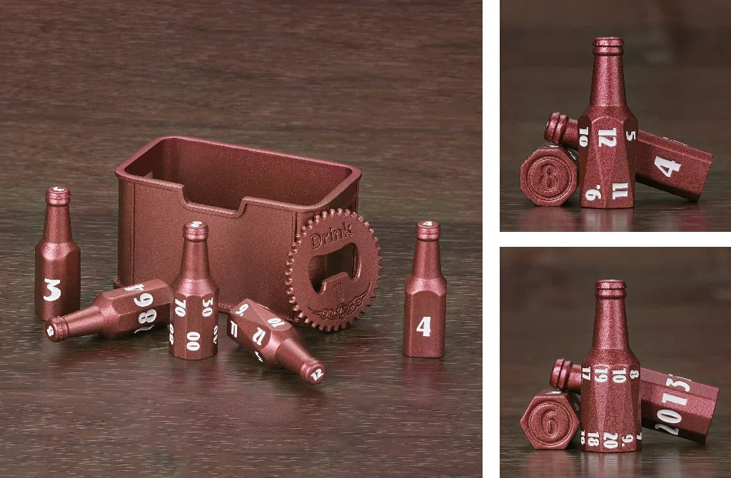 Unique Red Metal Beer Bottle DND Polyhedral Beer Bottle Dice Set + White Numbers | Bear Dice