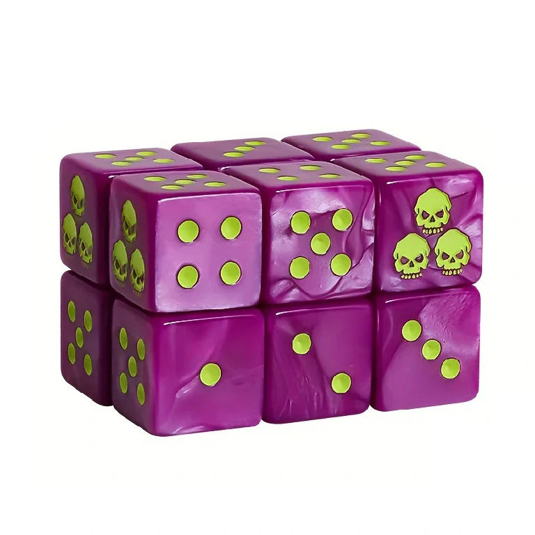 Warhammer 40K Necron-themed 16mm acrylic D6 dice with yellow-green pips; the '3' face features an engraved triple-skull design | Bear Dice