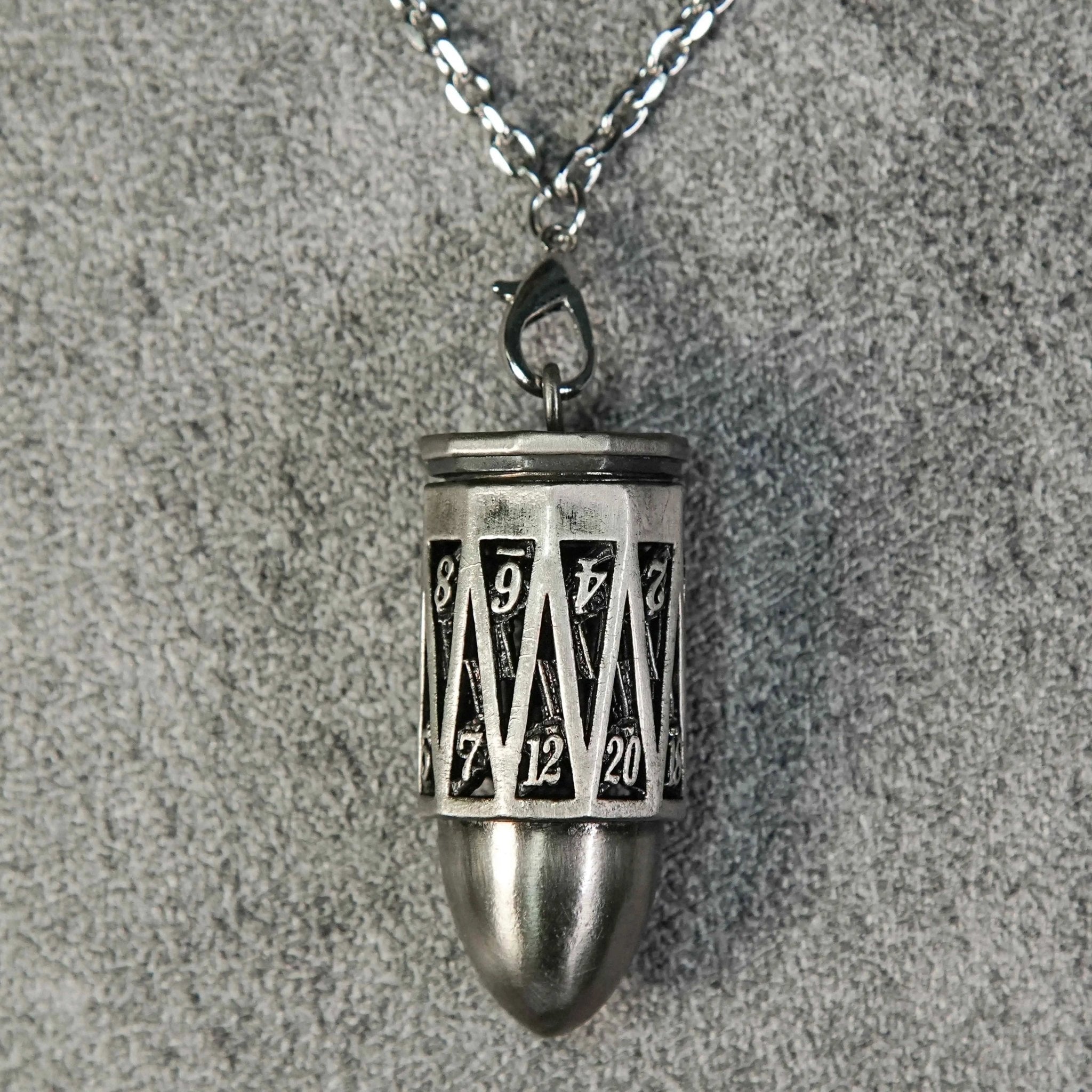 Antique Nickel Bullet Hollow Metal D20 Dice Cage Necklace + 7 Mini Metal Dice Set - Bear Dice