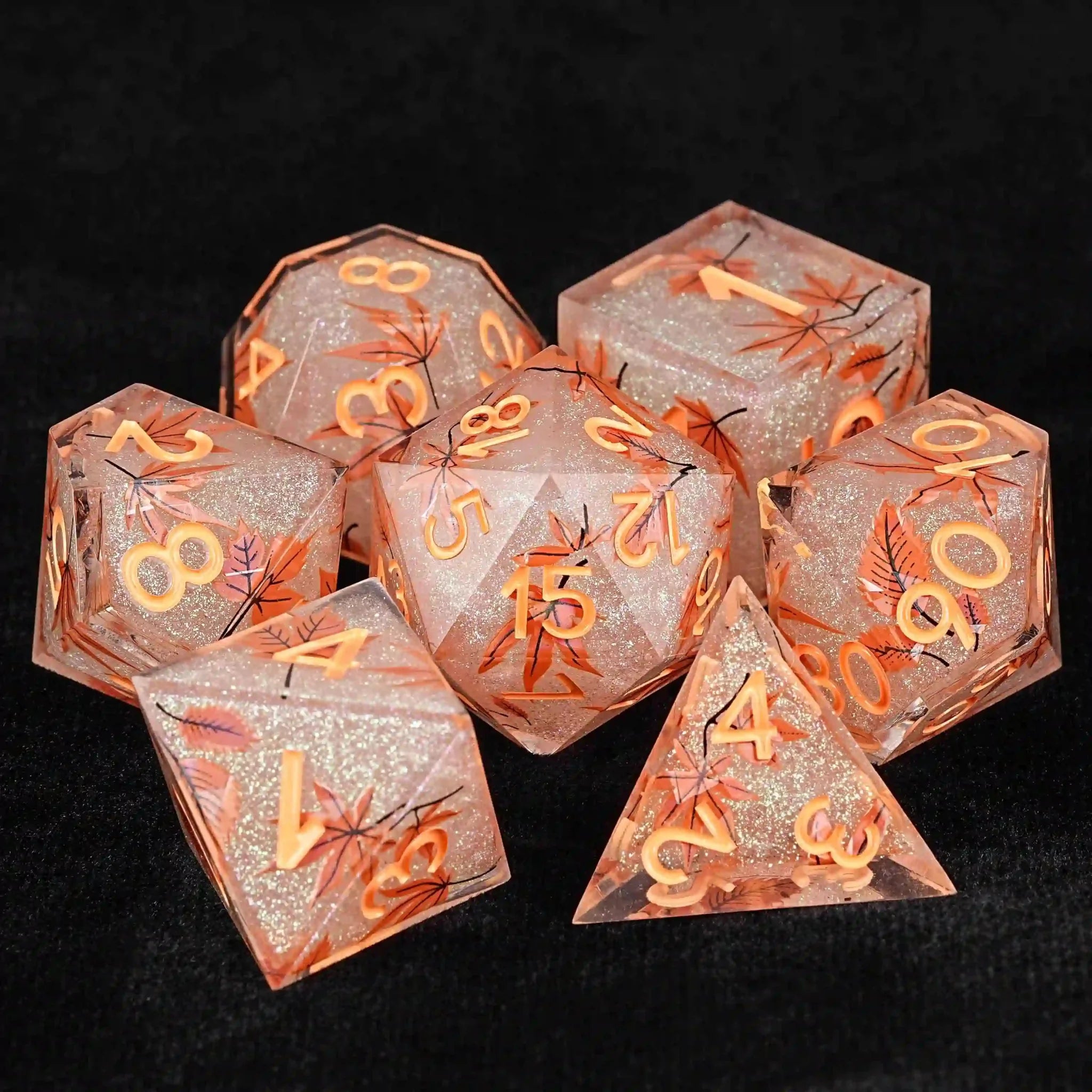 Maple Leaf Glitter Resin DND Dice Set + Orange Number - Bear Dice