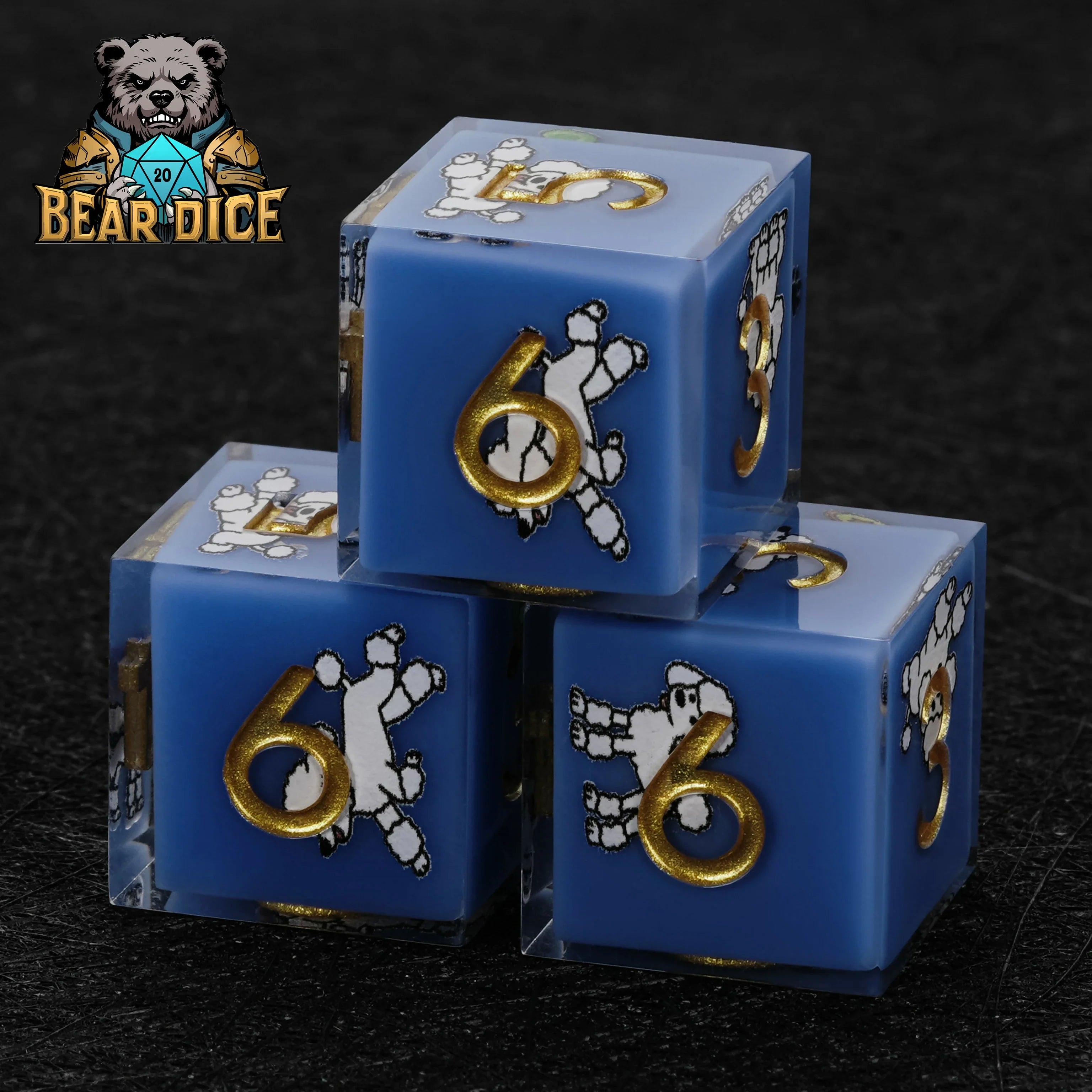 Blue resin D6 dice with poodle design – 3D6 set stacked