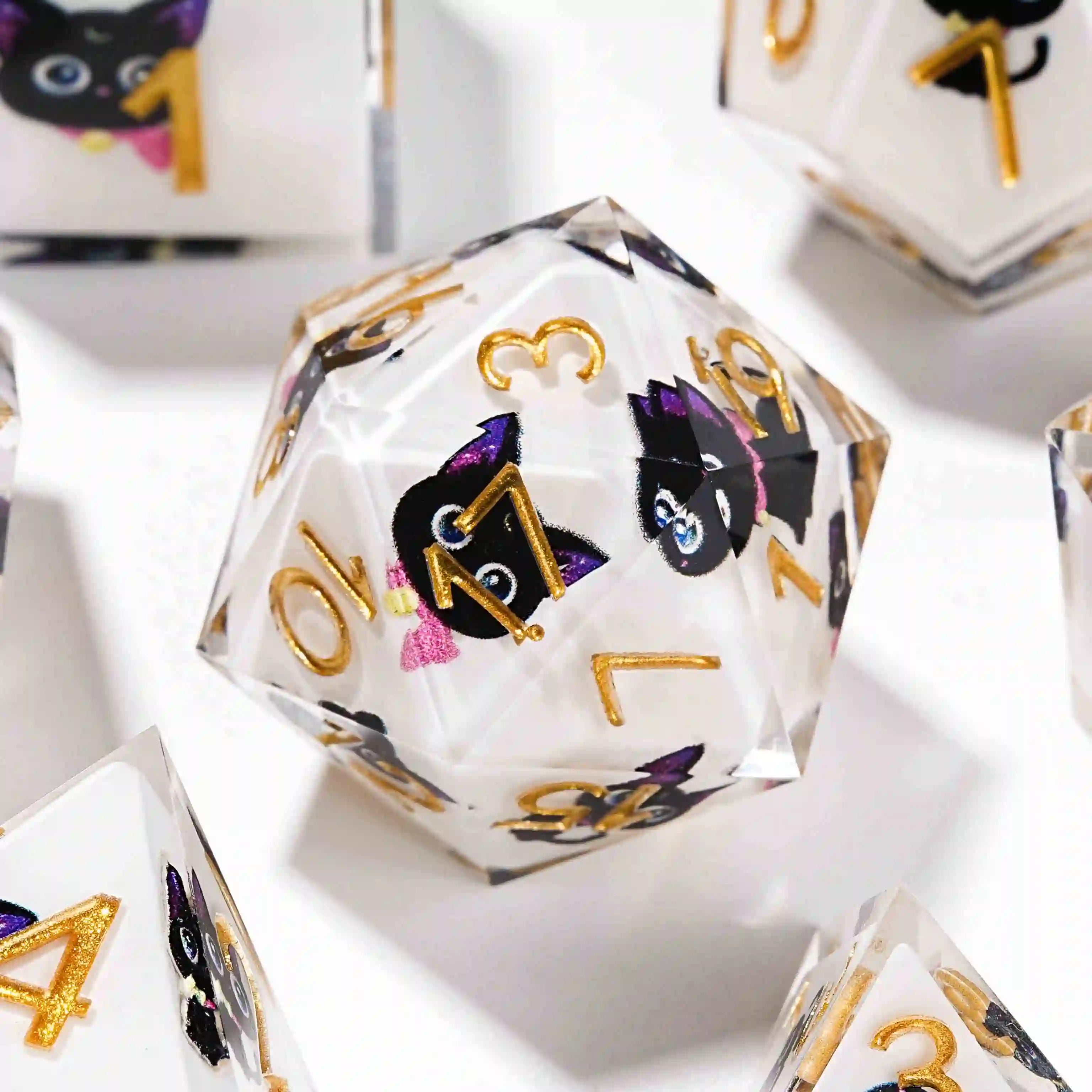 Black purple ears and big eyes cute cat resin DND D20 dice+ gold font | Bear Dice