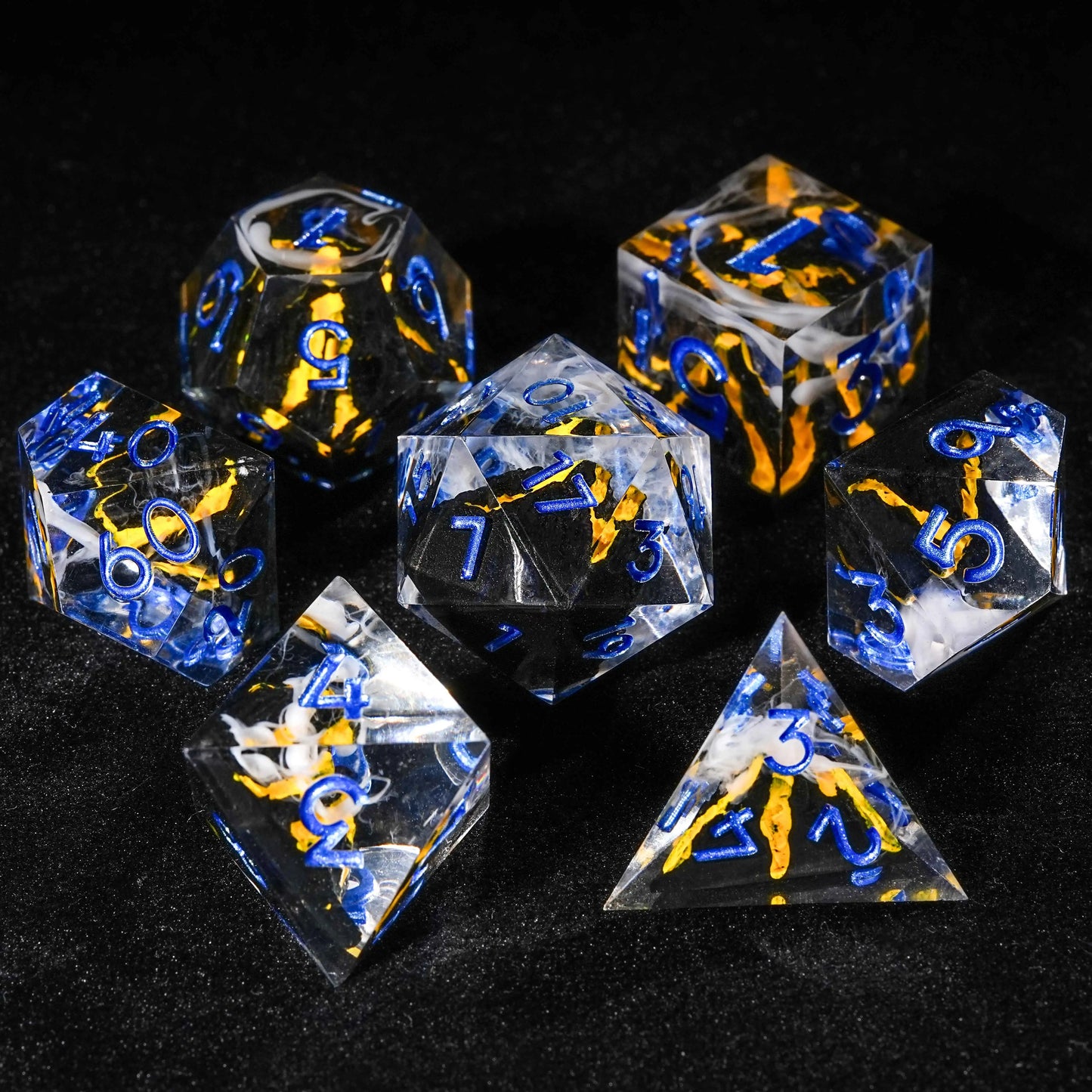 Creative Unique - Yellow Lava Resin DND Dice Set + Blue Numbers | Bear Dice