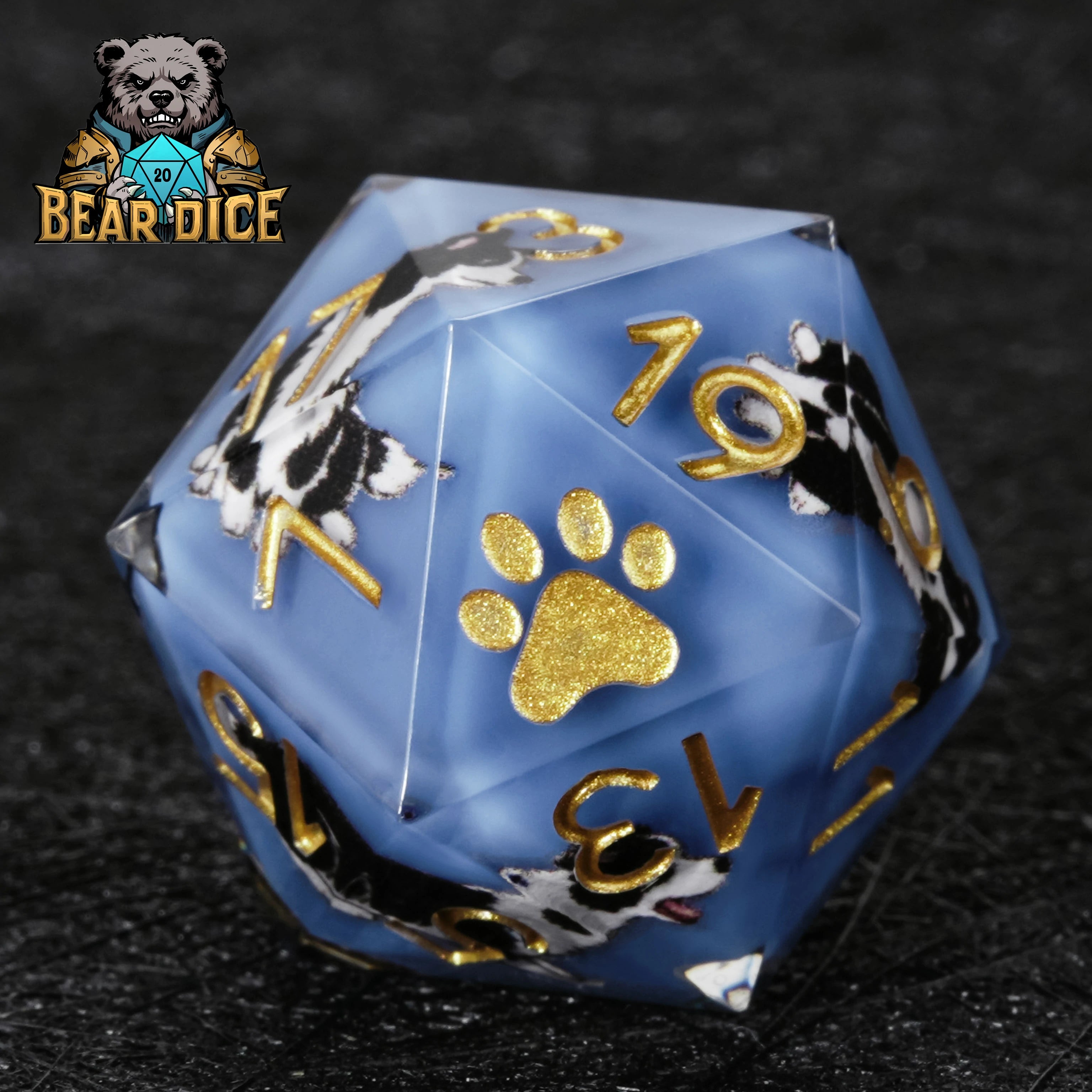 Border Collie Blue Resin D&D D20 Dice Set for RPG Games