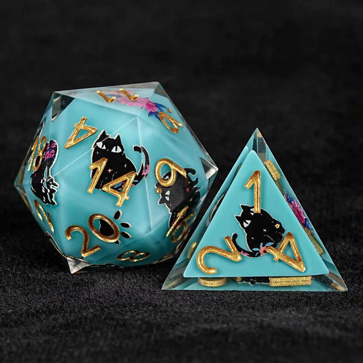 Handmade unique dice sets: Egyptian Pharaoh's black cat flower resin edge sharp dnd d20 dice  +d4 dice+ gold font | Bear Dice