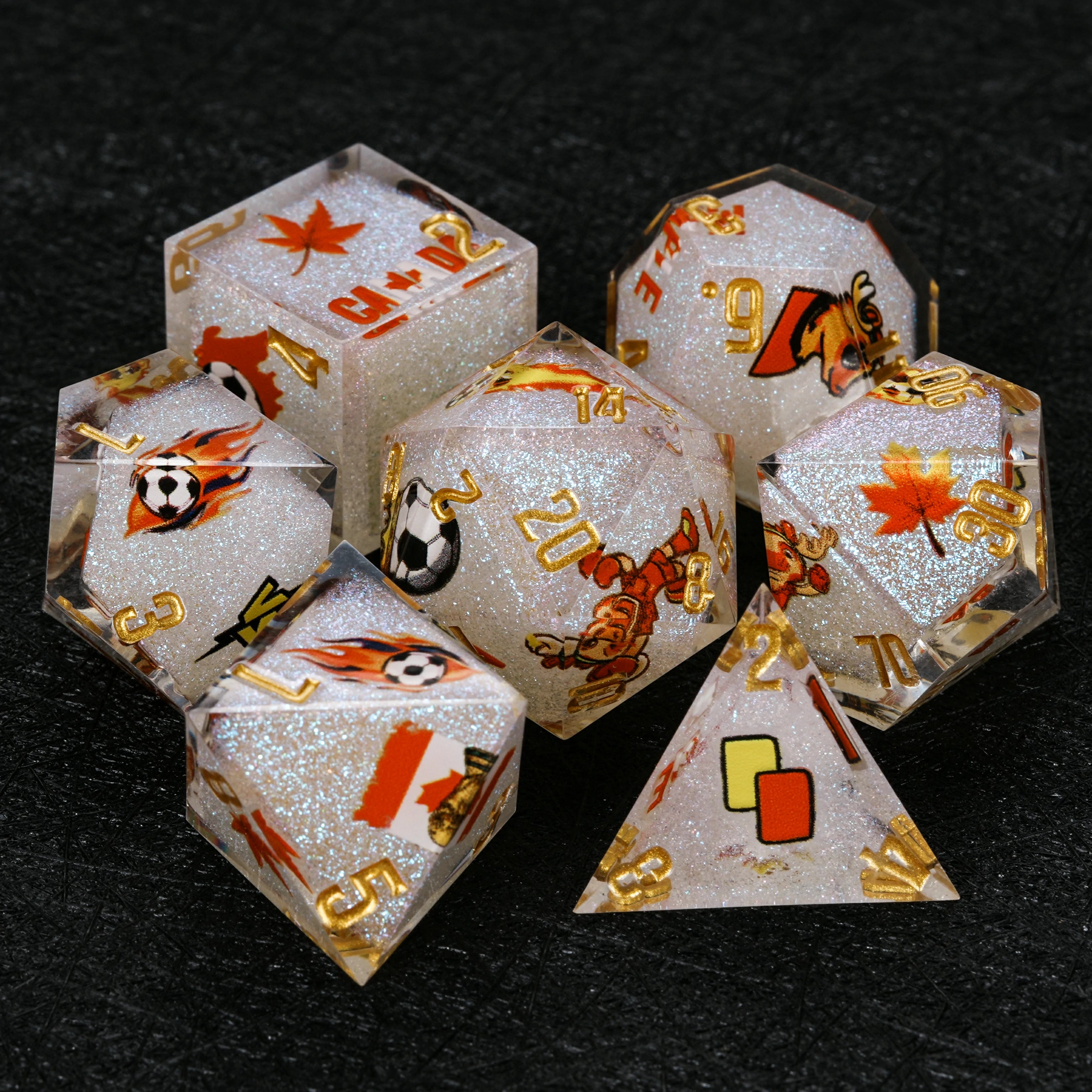 Canada Soccer DND Dice Set – World Cup Kickstarter White Glitter Resin Dice