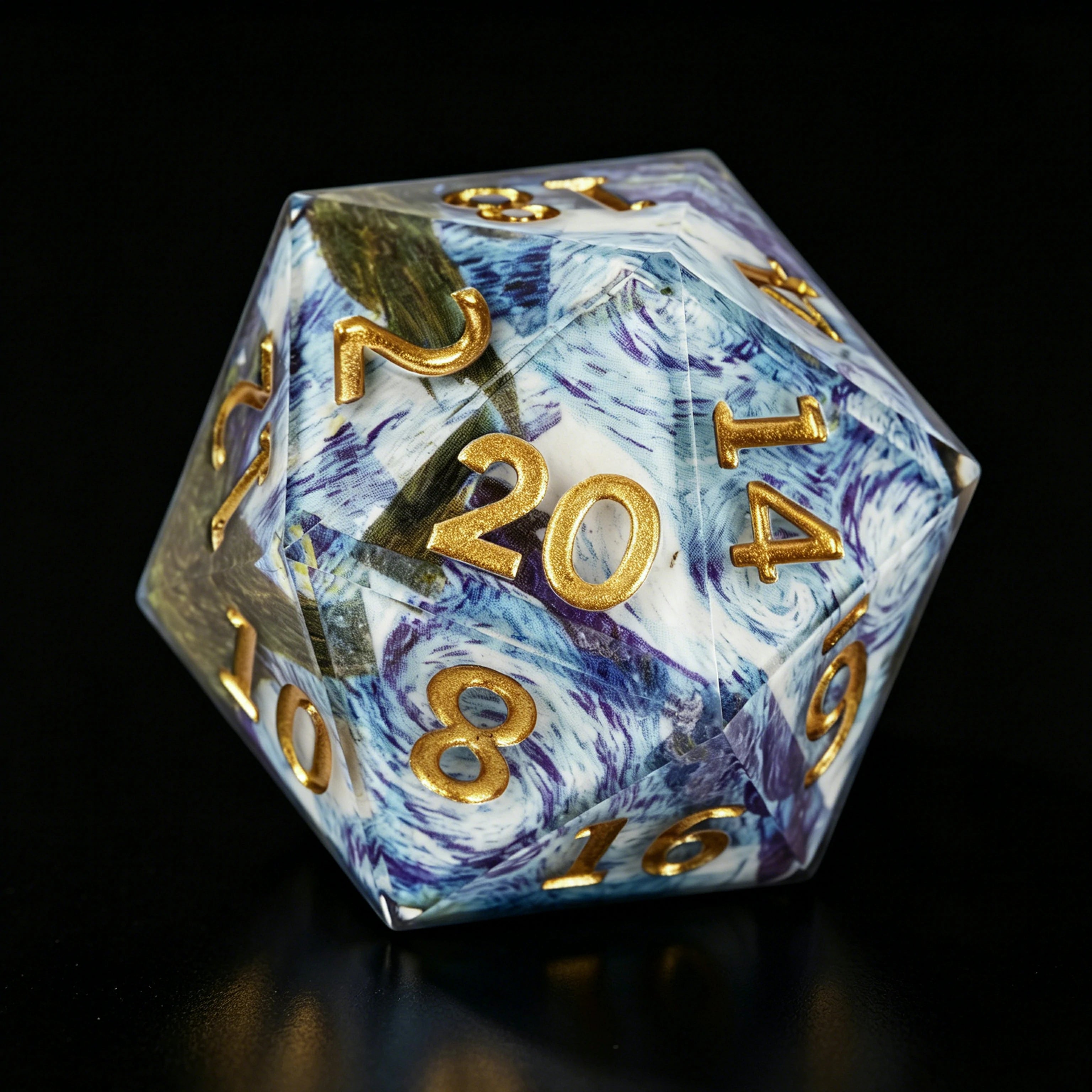 35mm Van Gogh Giant D20 Dice with Gold Lettering – Starry Night Resin RPG Dice