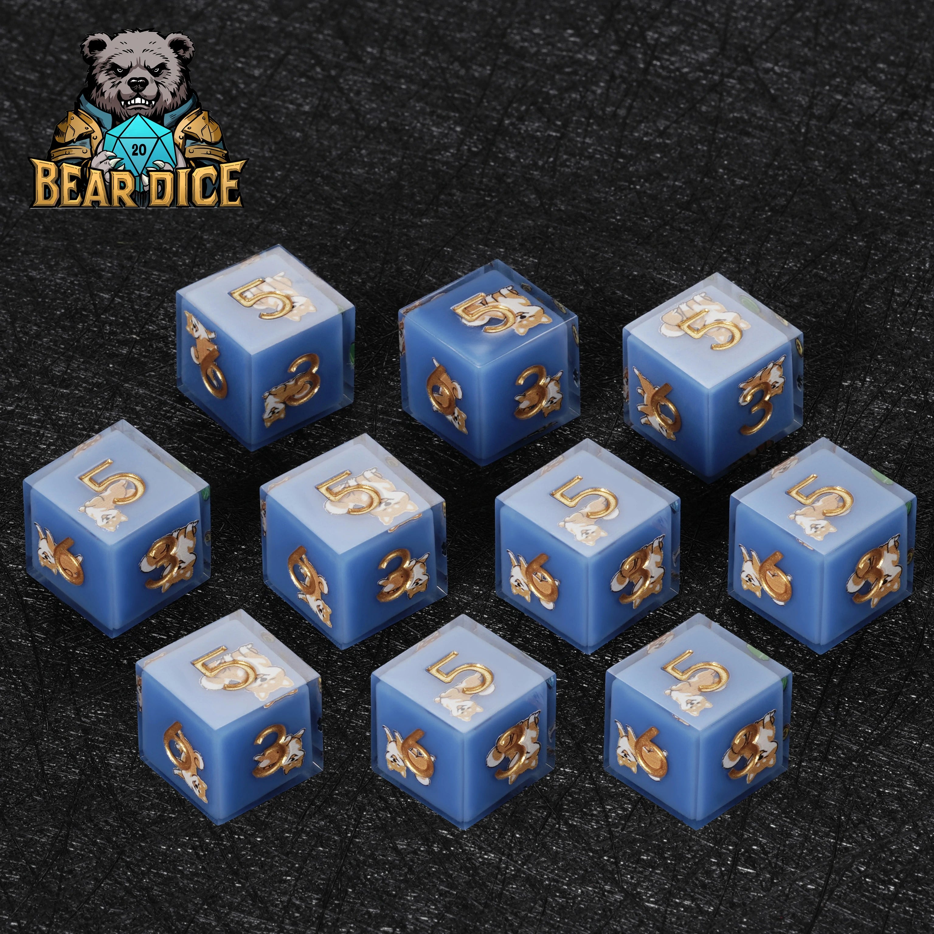 Shiba Inu Blue Resin DND D6 Dice Set – Cute RPG Dice for D&D & Tabletop Games