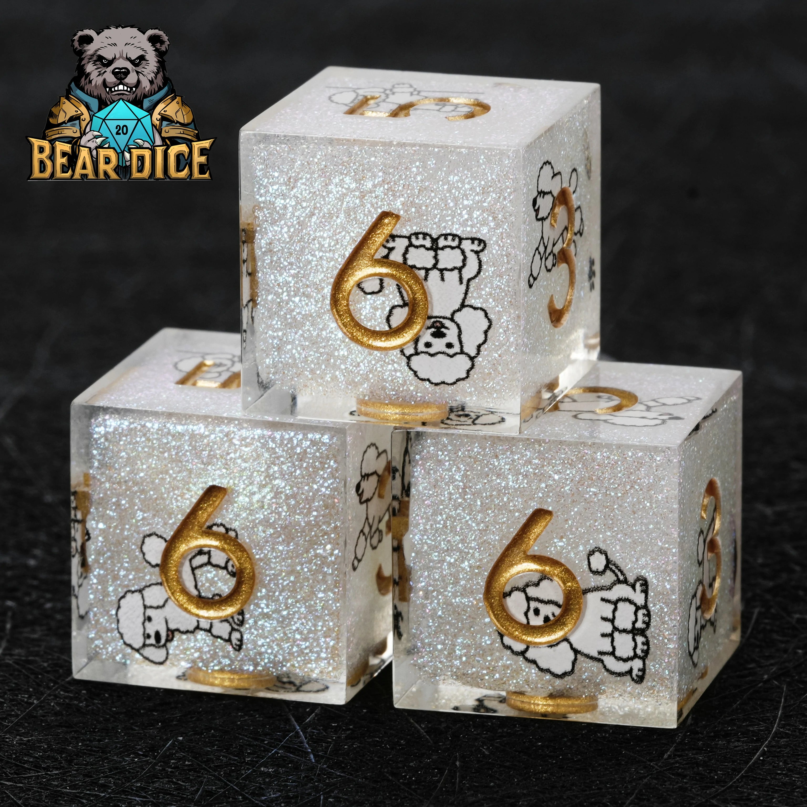 White Resin Poodle DND D6 Dice Set | Cute Glitter RPG Dice for D&D