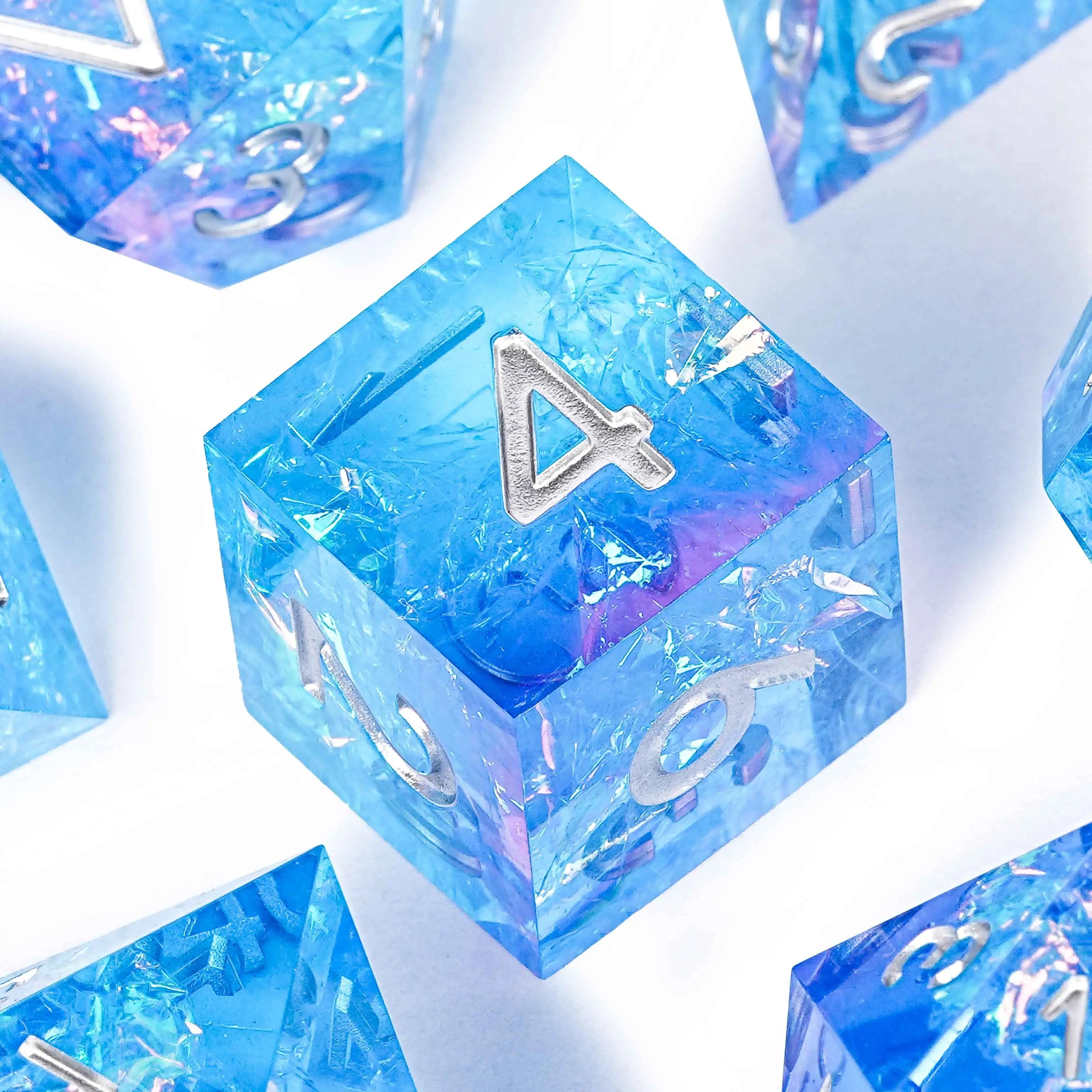 Pink blue iceberg glitter sharp edge DND resin D6 dice + silver font | Bear Dice