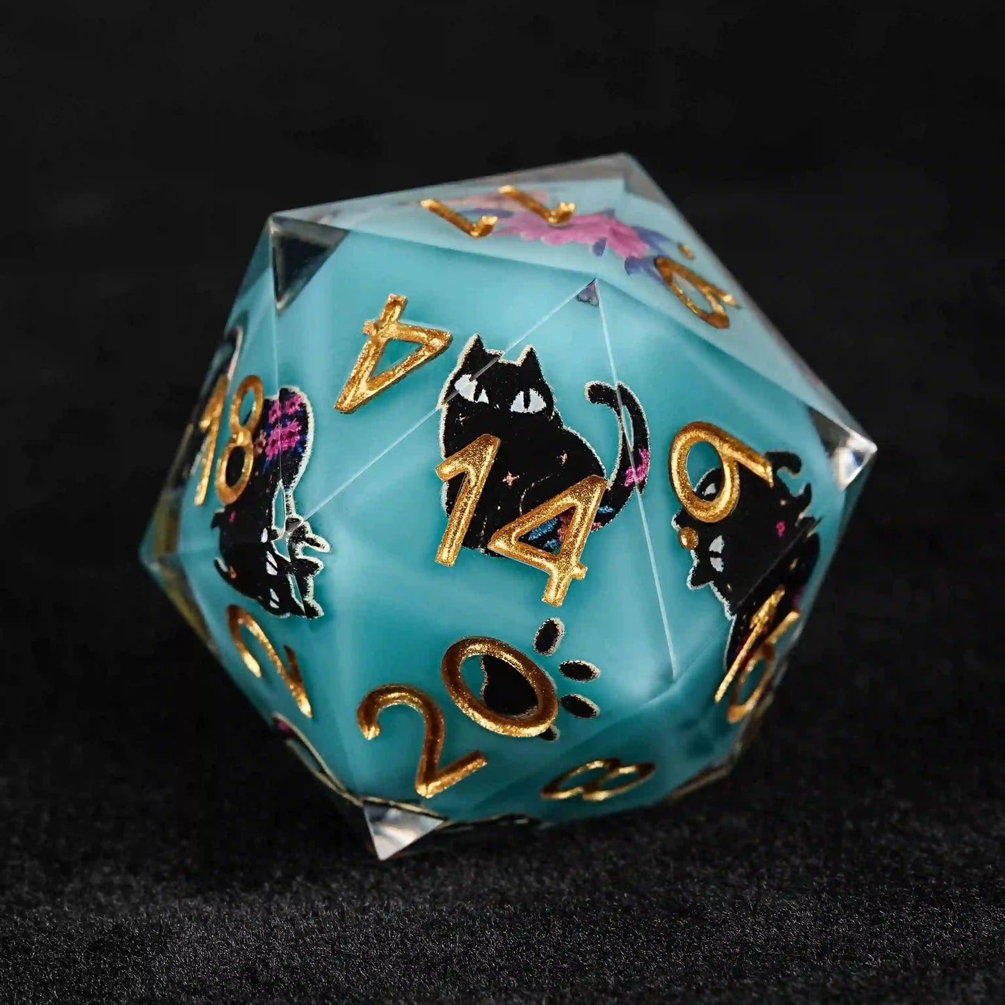 Handmade unique dice sets: Egyptian Pharaoh's black cat flower resin edge sharp dnd d20 dice + gold font | Bear Dice