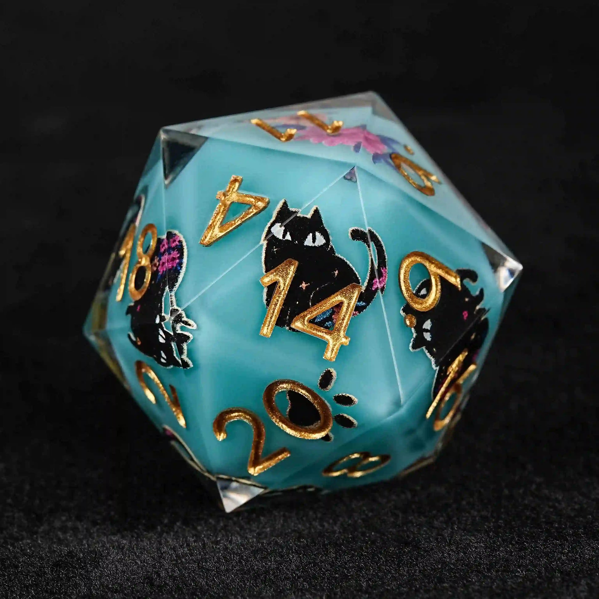 Handmade unique dice sets: Egyptian Pharaoh's black cat flower resin edge sharp dnd d20 dice + gold font | Bear Dice