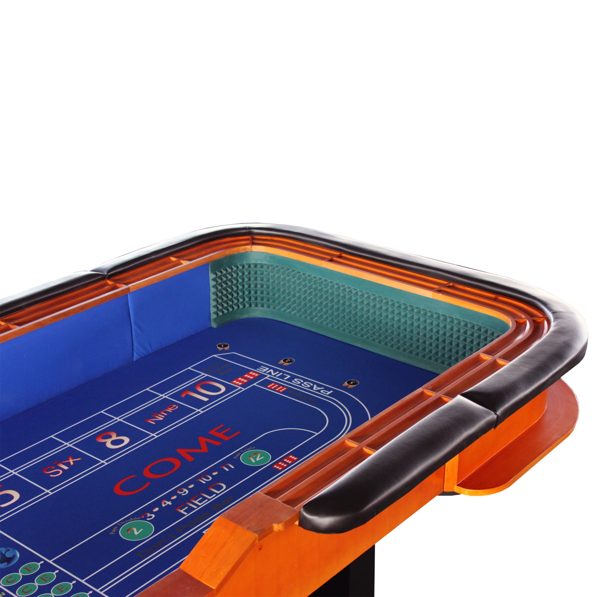 12-Inch Blue Felt Roll Dice Game Table corner detail with orange padded rail