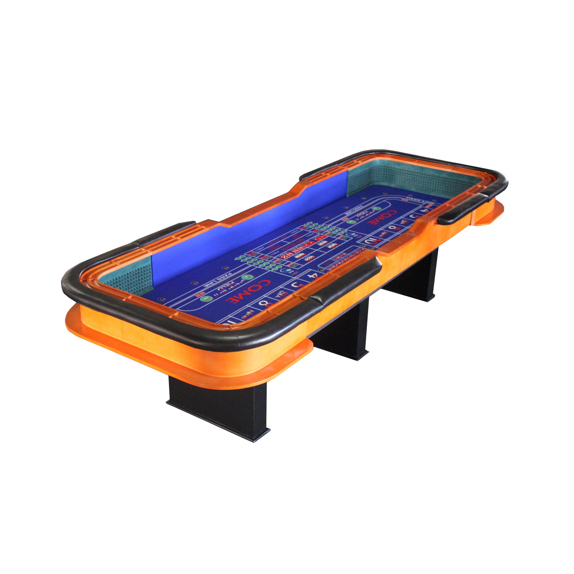 12-Inch Blue Felt Roll Dice Game Table full view with orange trim and black legs | Bear Dice
