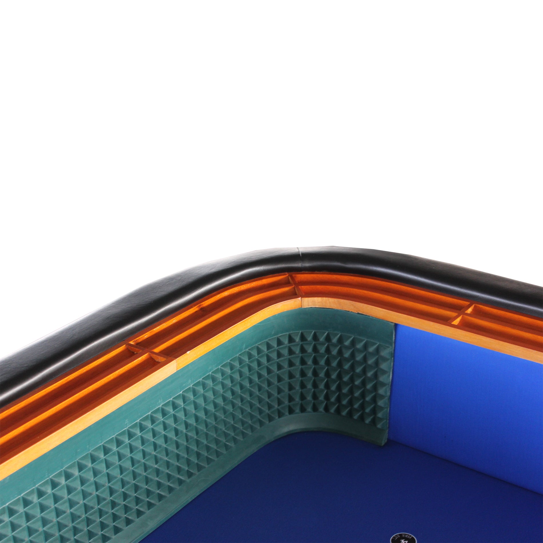 12-Inch Blue Felt Roll Dice Game Table curved corner rail detail in orange | Bear Dice