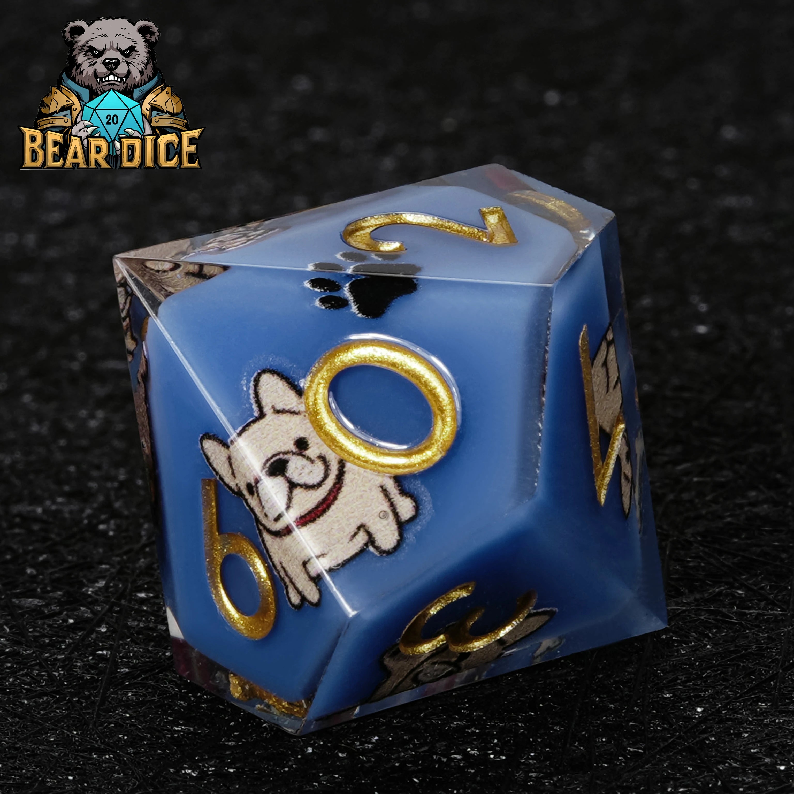 Bulldog Blue Resin D10 Dice | D&D RPG Polyhedral Die with Cute Dog Design