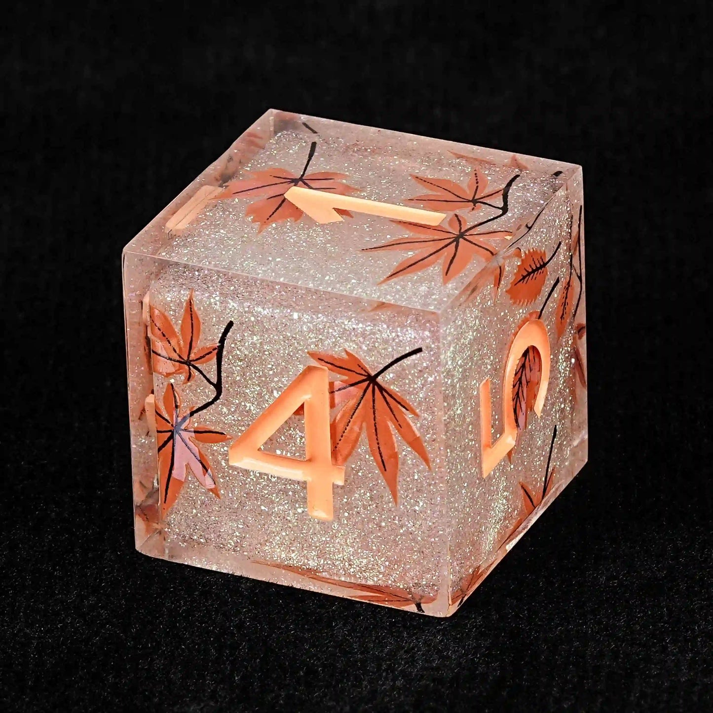 Maple Leaf Glitter Resin DND D6 Dice + Orange Number | Bear Dice