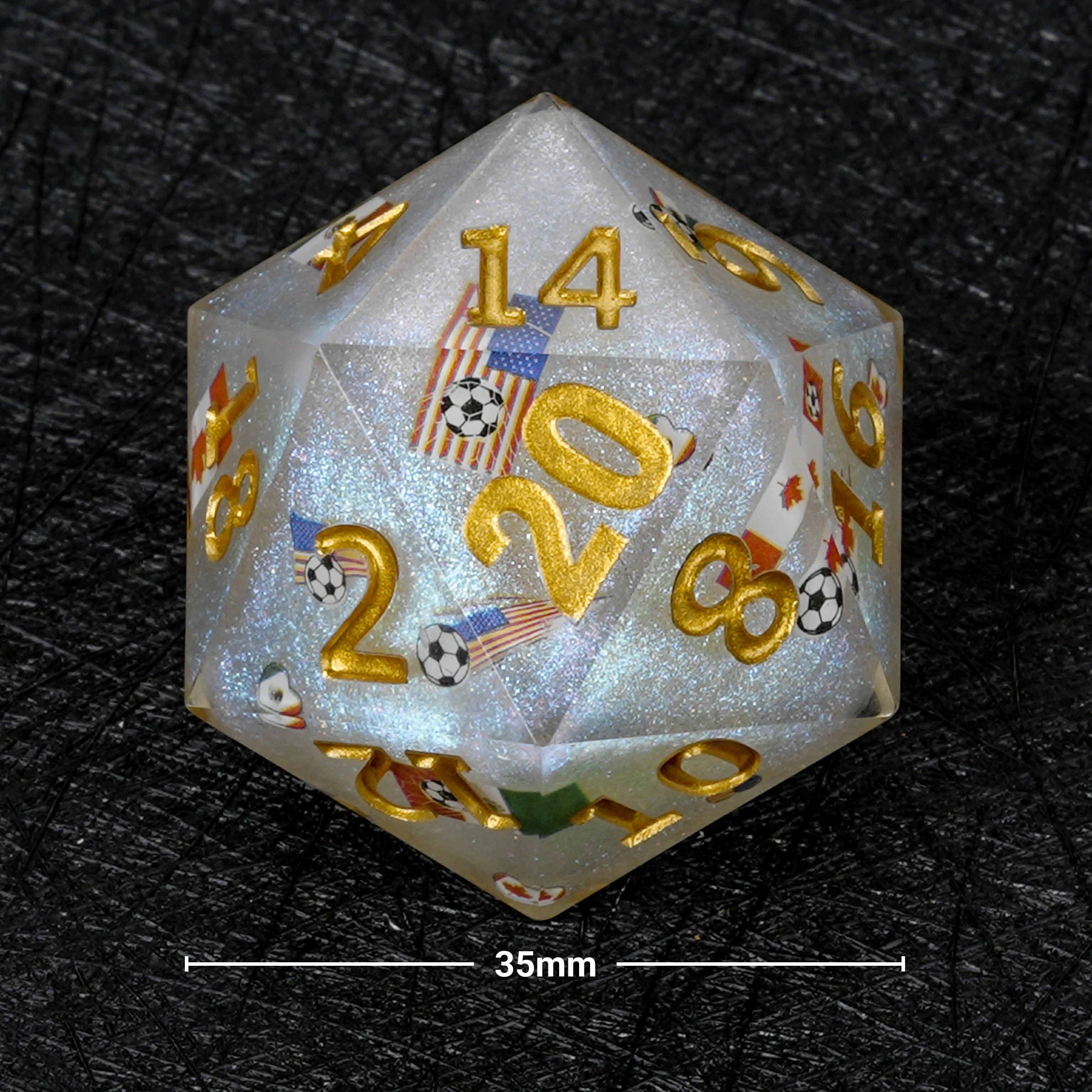 35mm World Cup (USA/Canada/Mexico) Soccer White Glitter Resin D20 Dice