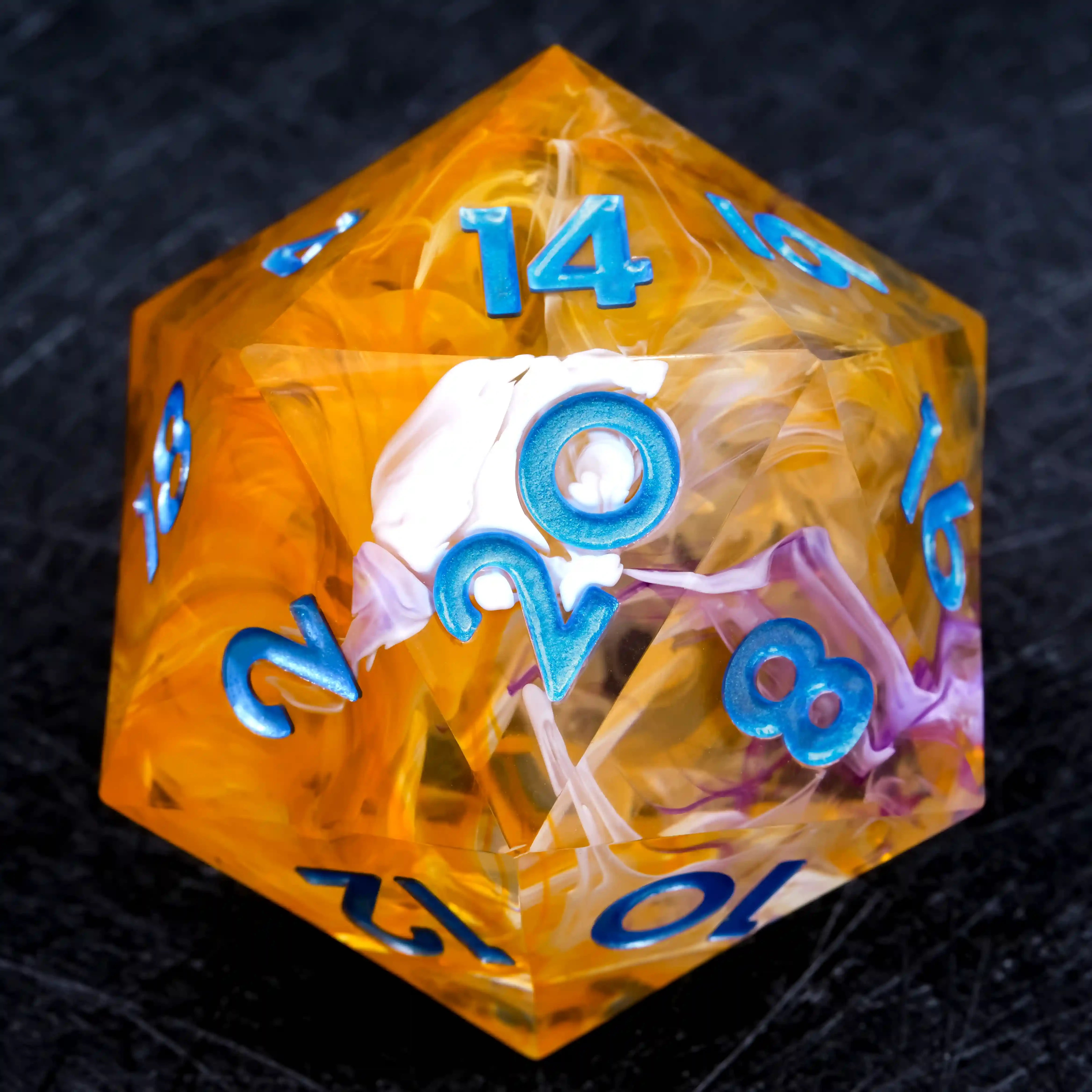 35mm Yellow Swirl Transparent Resin D20 Dice – Blue Numbers | Bear Dice