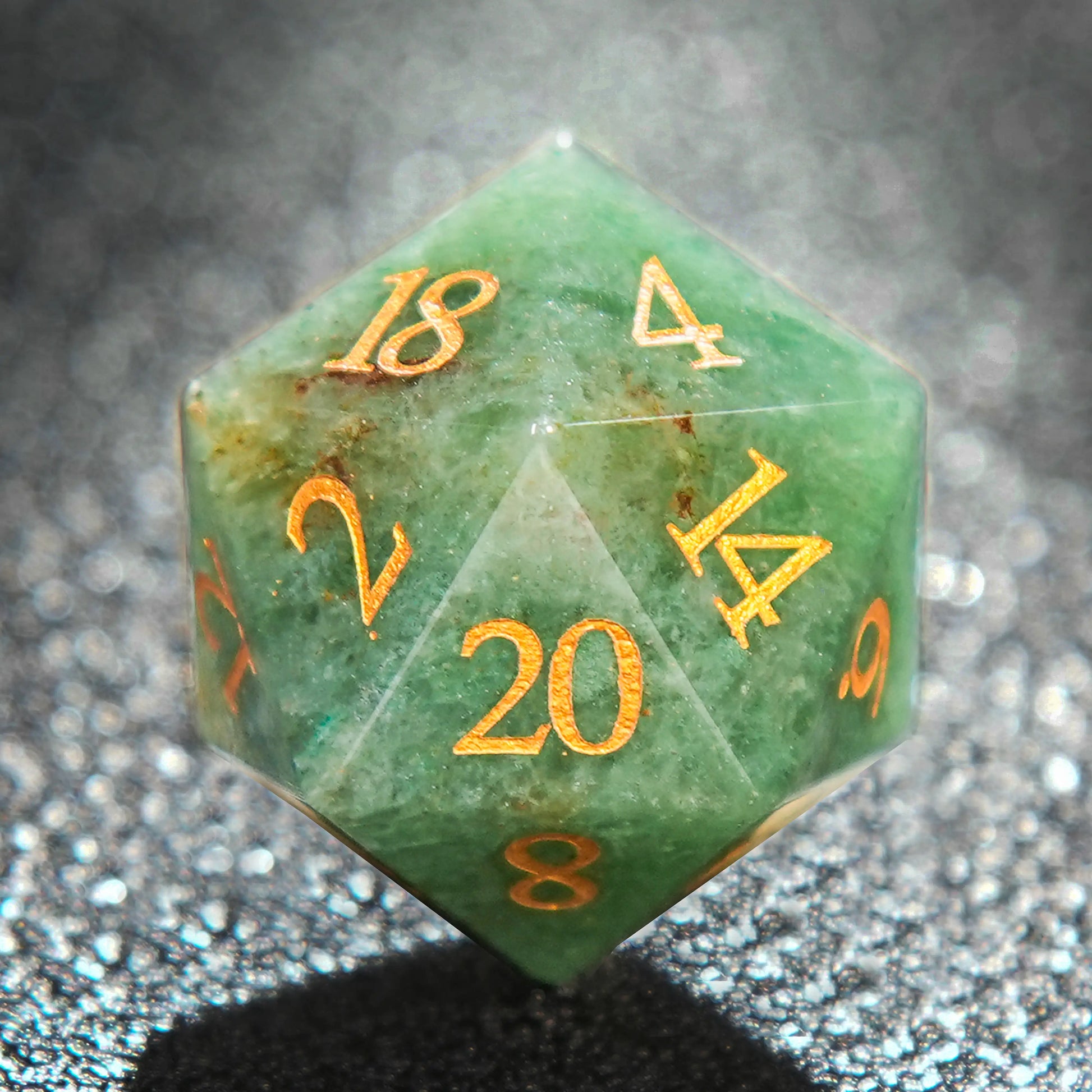 Green Dongling Gemstone D&D 20 Sided Dice + Gold Numbers | Bear Dice