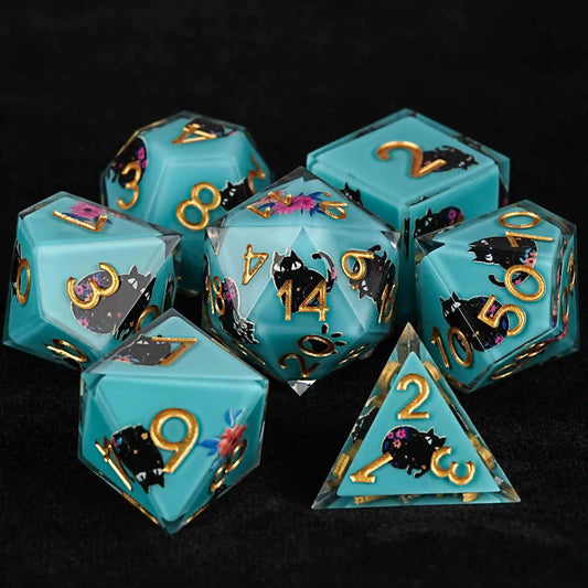 Handmade unique dice sets: Egyptian Pharaoh's black cat flower resin edge sharp dnd dice + gold font | Bear Dice