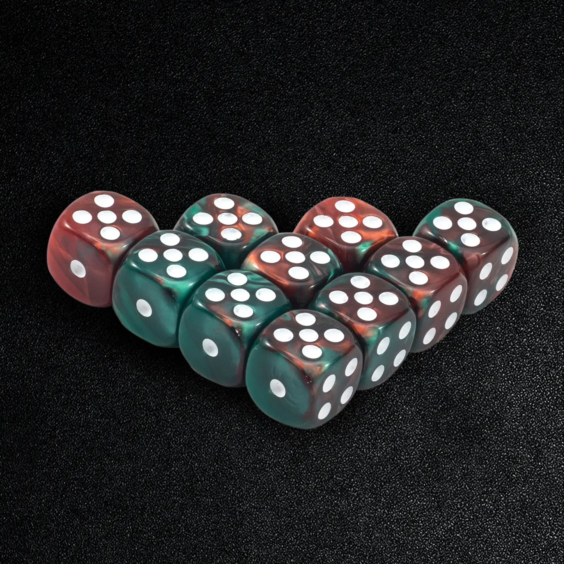 12mm Red and Green Twin Acrylic D6 Dice Set, White Dots, 10 Pieces - Bear Dice