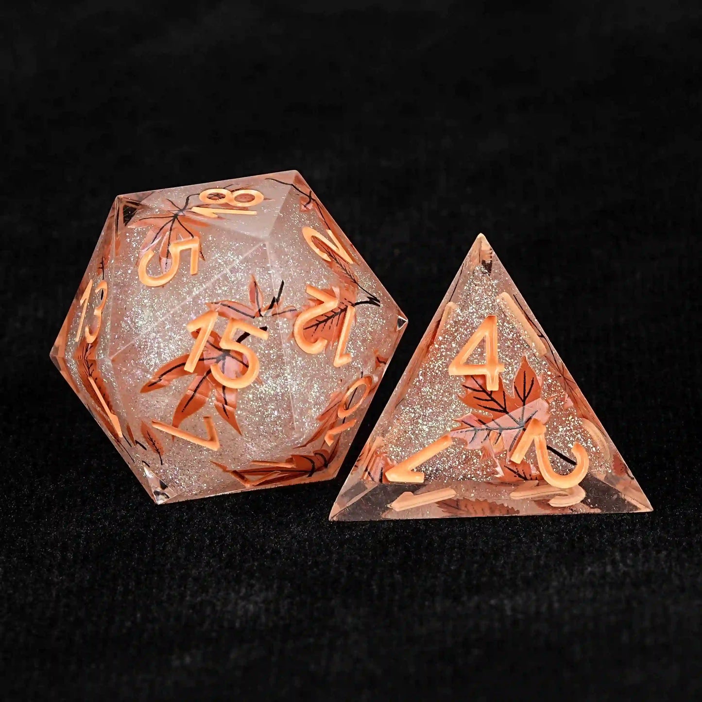 Maple Leaf Glitter Resin DND D20 Dice + D4 Dice + Orange Number | Bear Dice