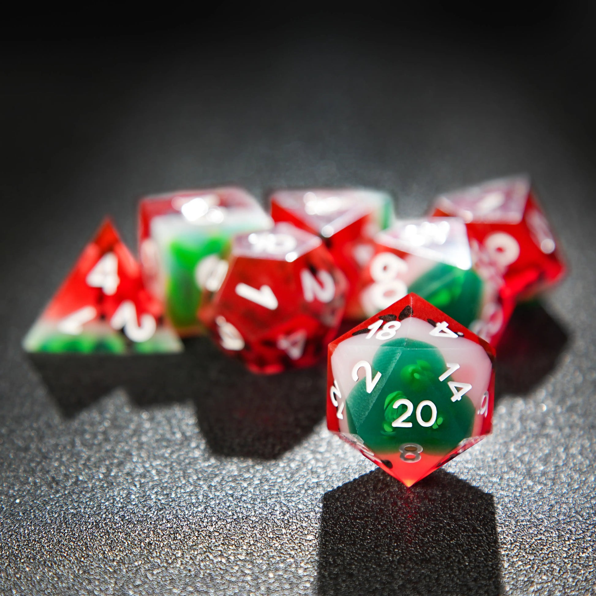 Beach Party - Watermelon Resin DND  D20 Dice + White Numbers | Bear Dice