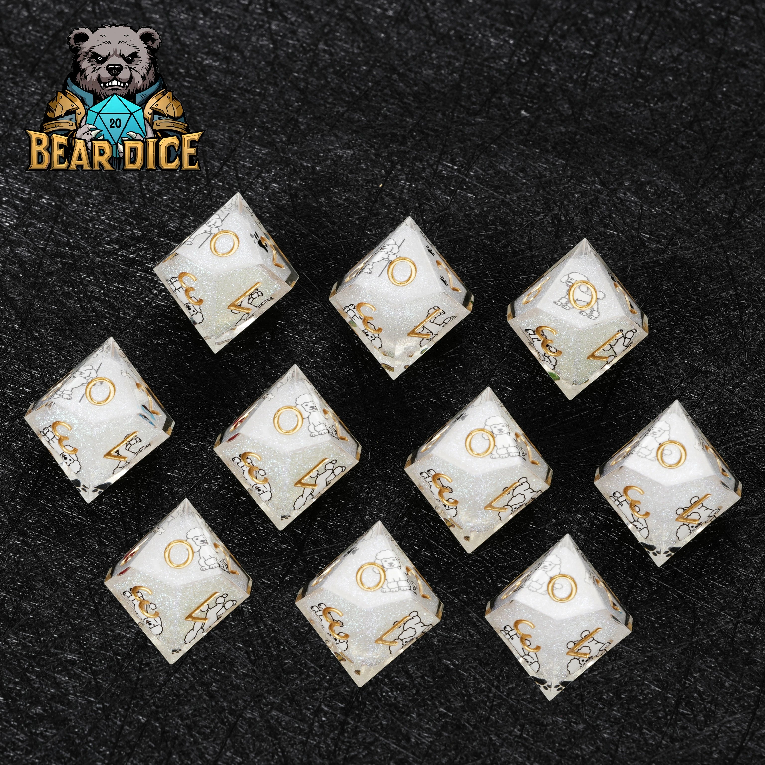 White Glitter Resin Poodle DND D10 Dice Set | Sharp-Edged Resin RPG Dice for D&D & Tabletop Games