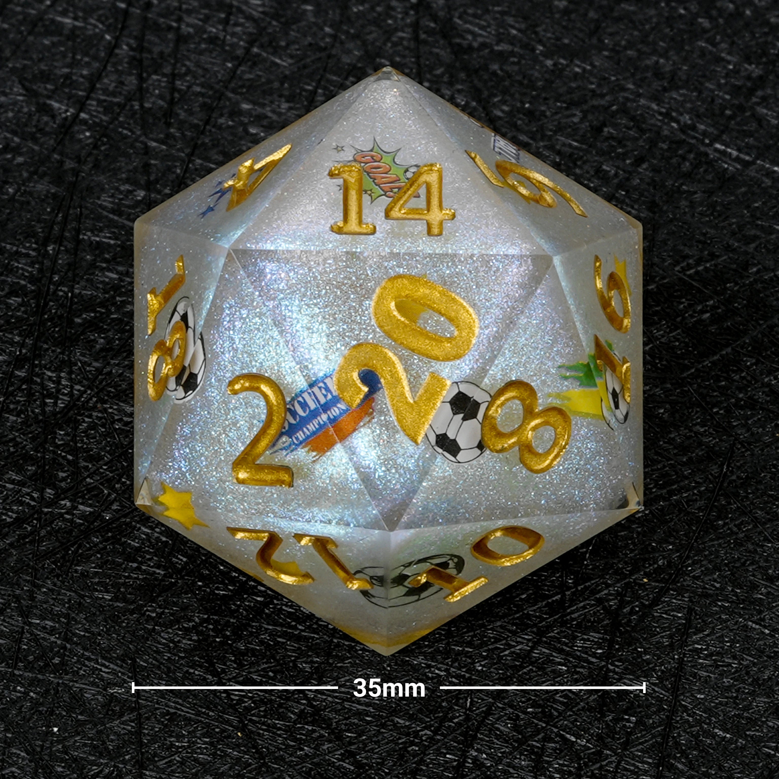 35mm World Cup Brazil Soccer White Glitter Resin Giant D20 Dice