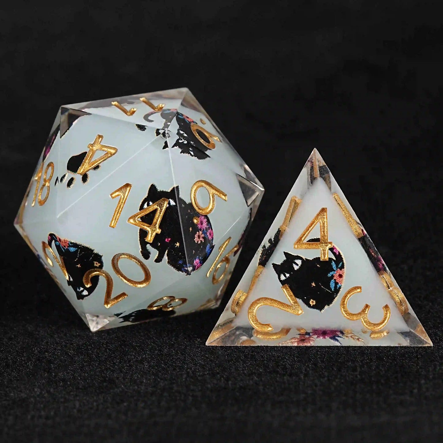 Cool dice set: 7 gold font polyhedron light green dnd black cat resin D20 dice + D4 dice | Bear Dice