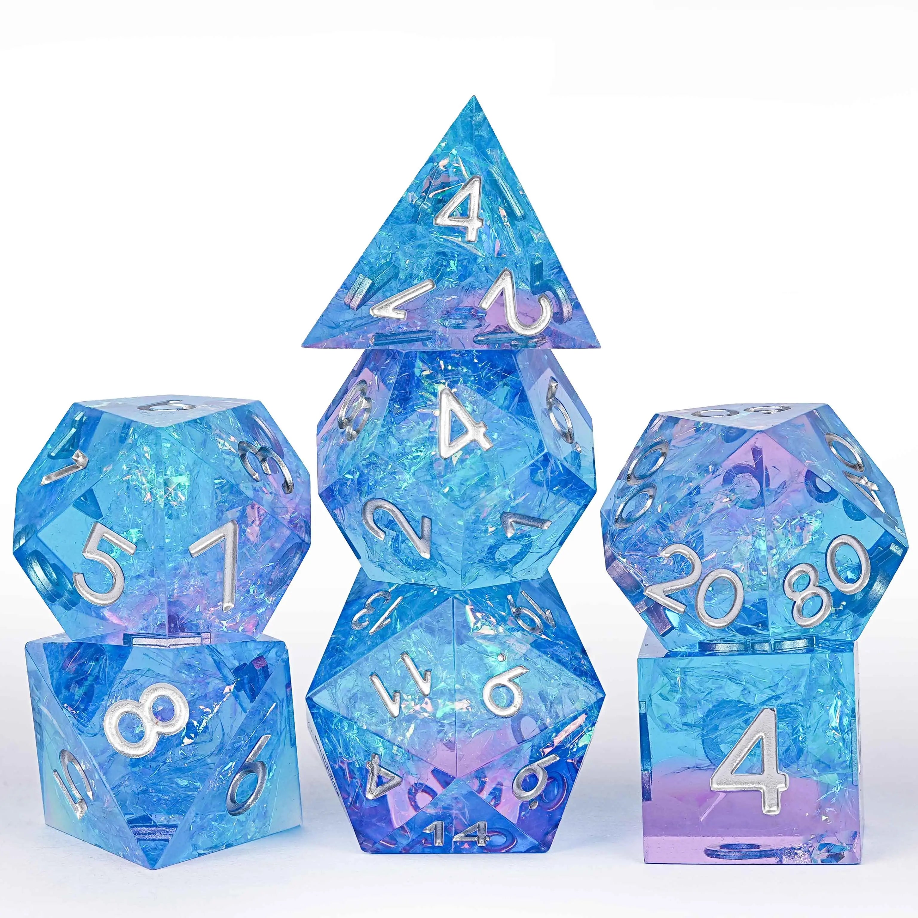 Pink blue iceberg glitter sharp edge DND resin dice set + silver font | Bear Dice