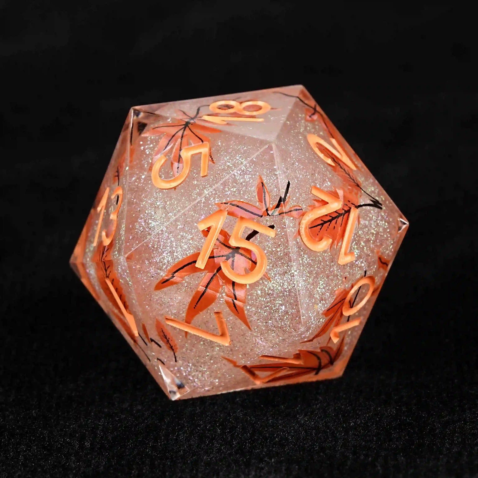 Maple Leaf Glitter Resin DND D20 Dice + Orange Number | Bear Dice