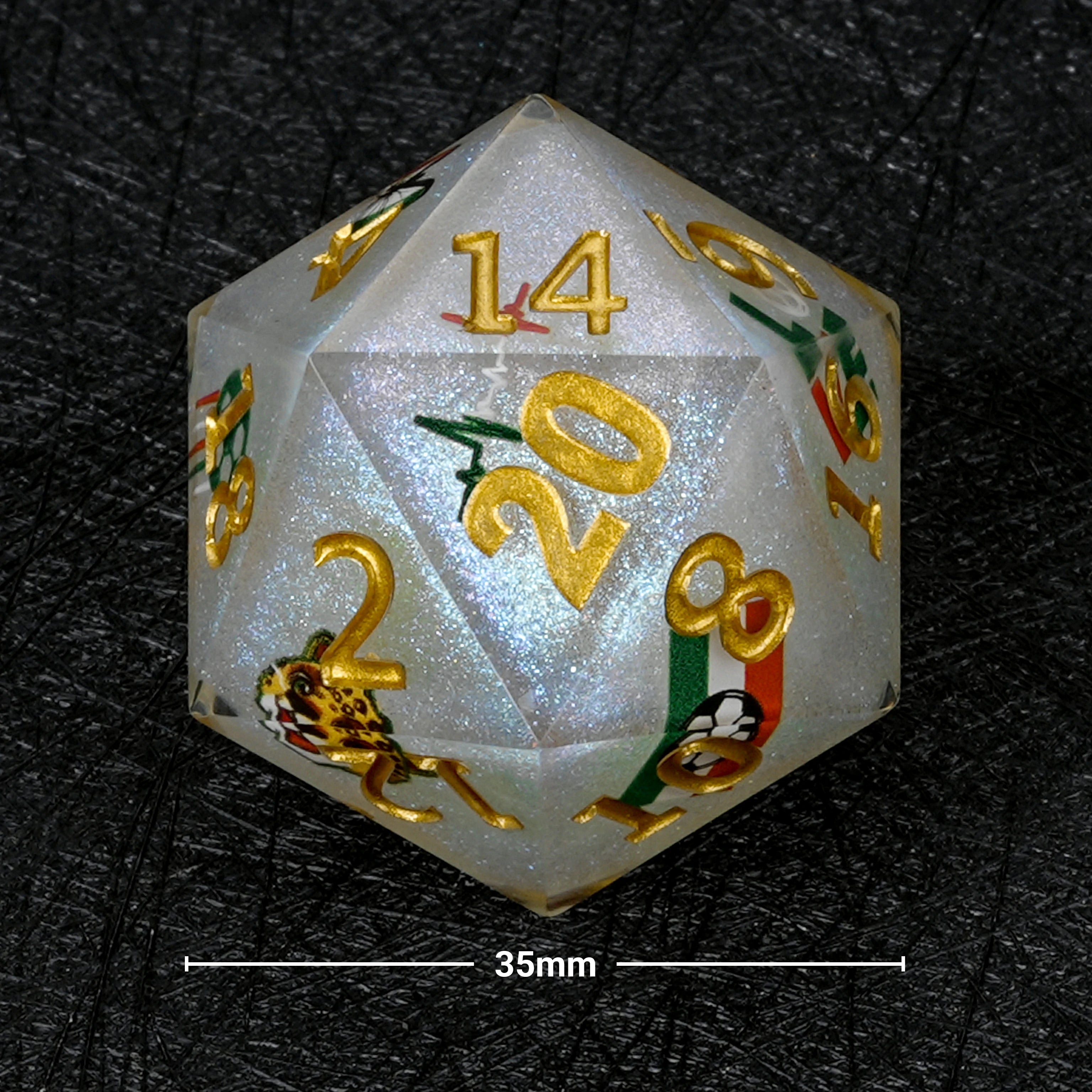 35mm World Cup Mexico Soccer White Glitter Resin D20 Dice – RPG & Collector's Edition