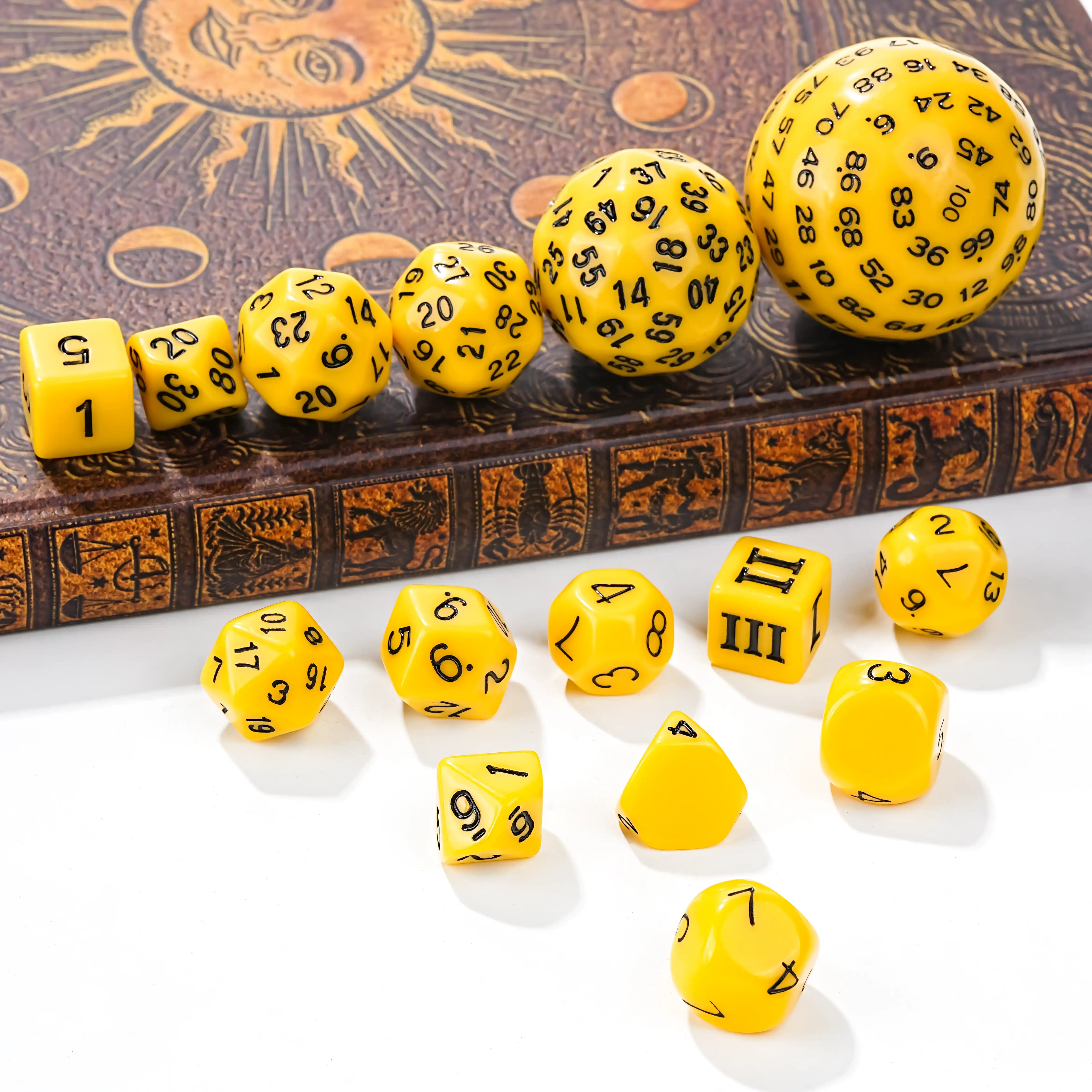 15-piece polyhedral D100 dice set in yellow with black numbers|BearDice