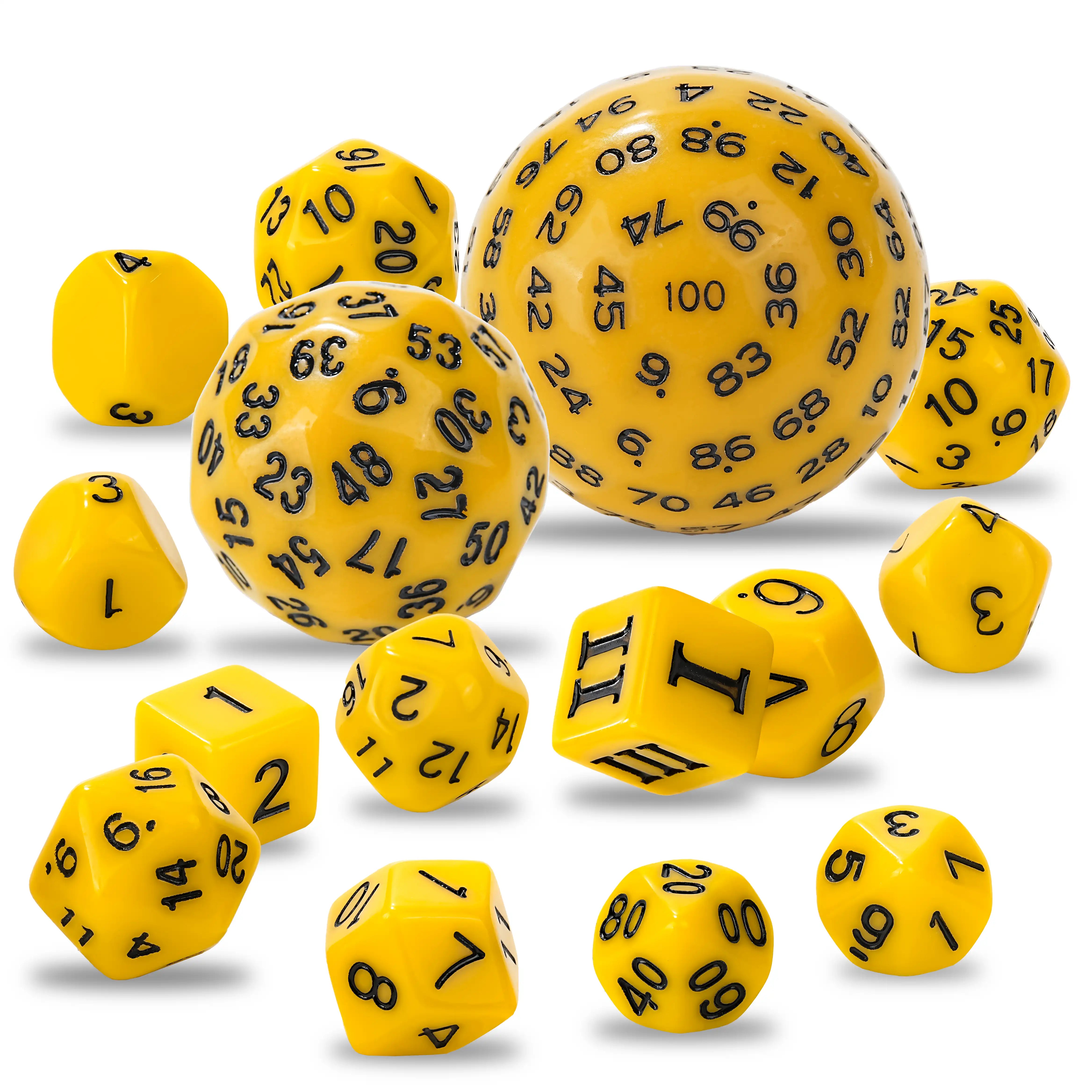 15-piece polyhedral D100 dice set in yellow with black numbers|BearDice