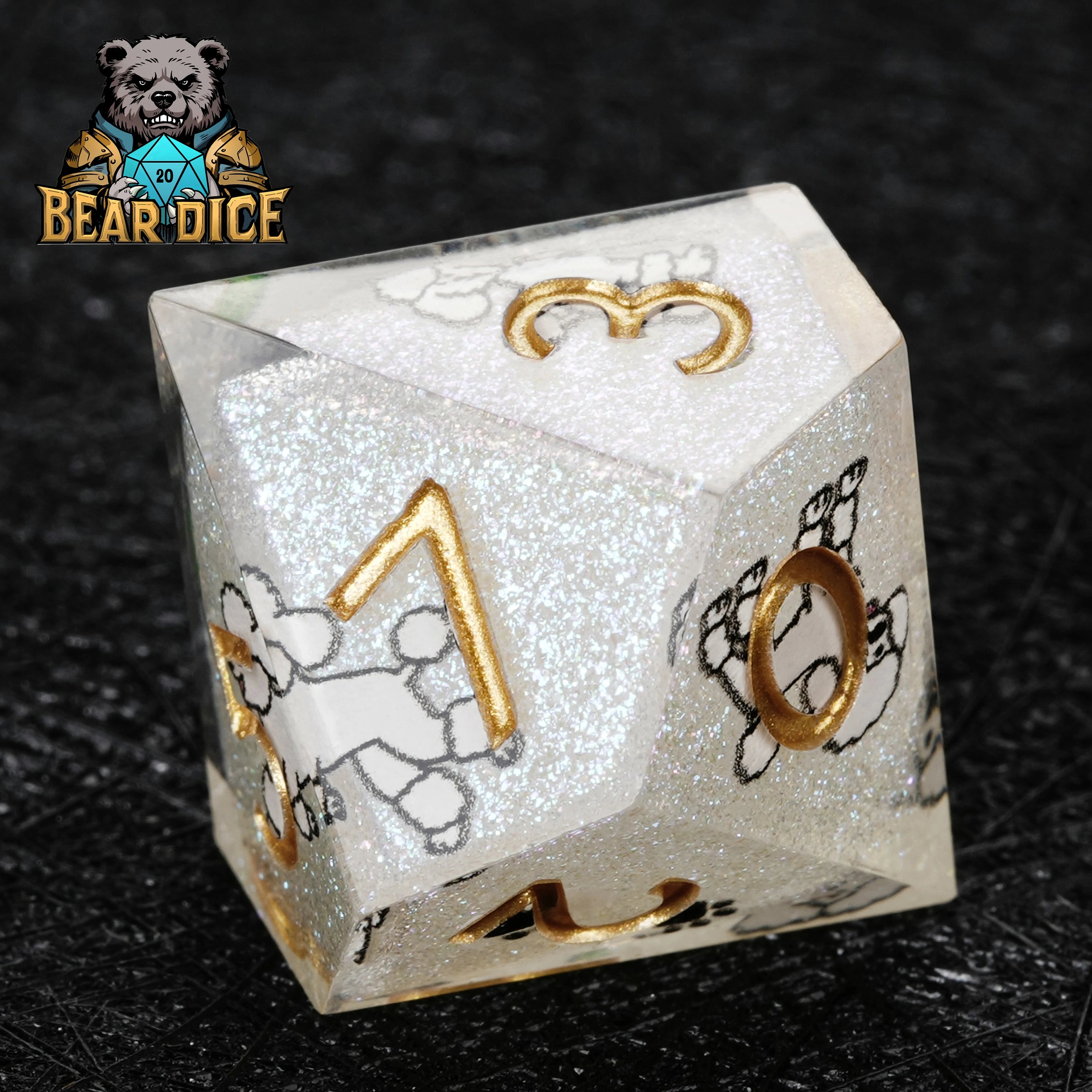 White Glitter Resin Poodle DND D10 Dice Set | Sharp-Edged Resin RPG Dice for D&D & Tabletop Games