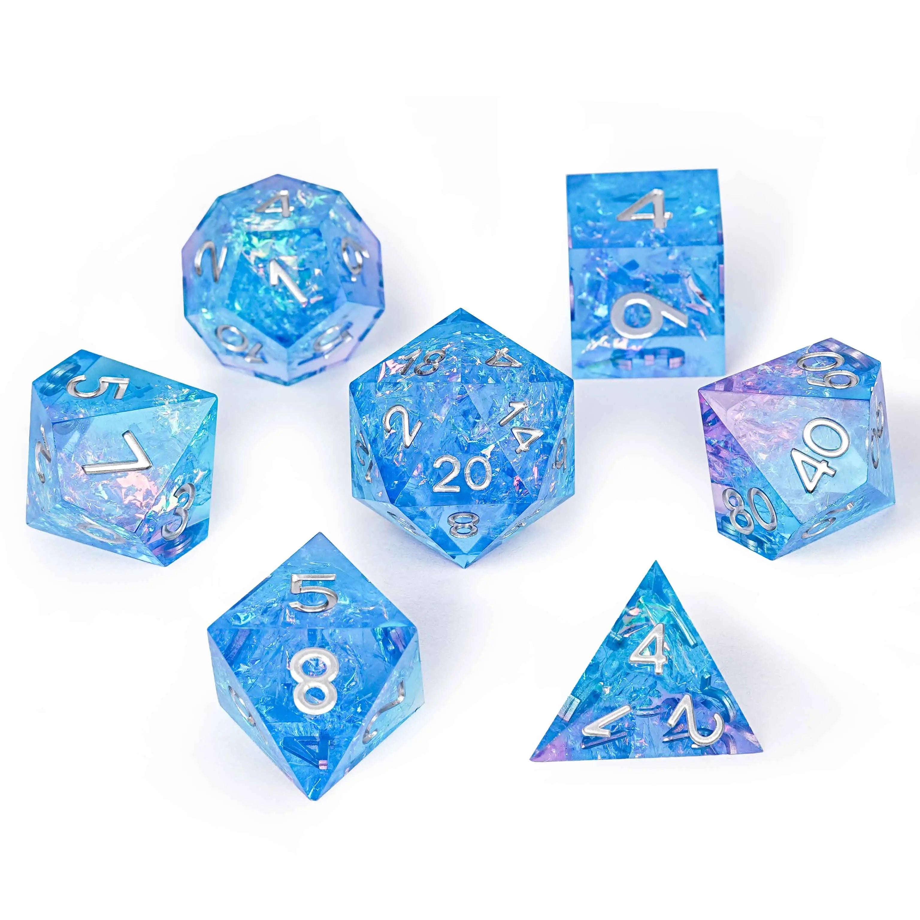Pink blue iceberg glitter sharp edge DND resin dice set + silver font | Bear Dice