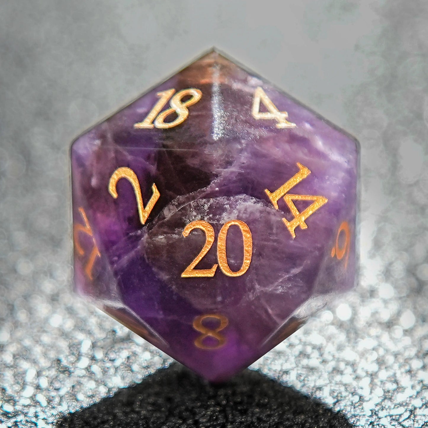 Druid - Amethyst D&D Gemstone 20 Sided Dice + Gold Numbers | Bear Dice