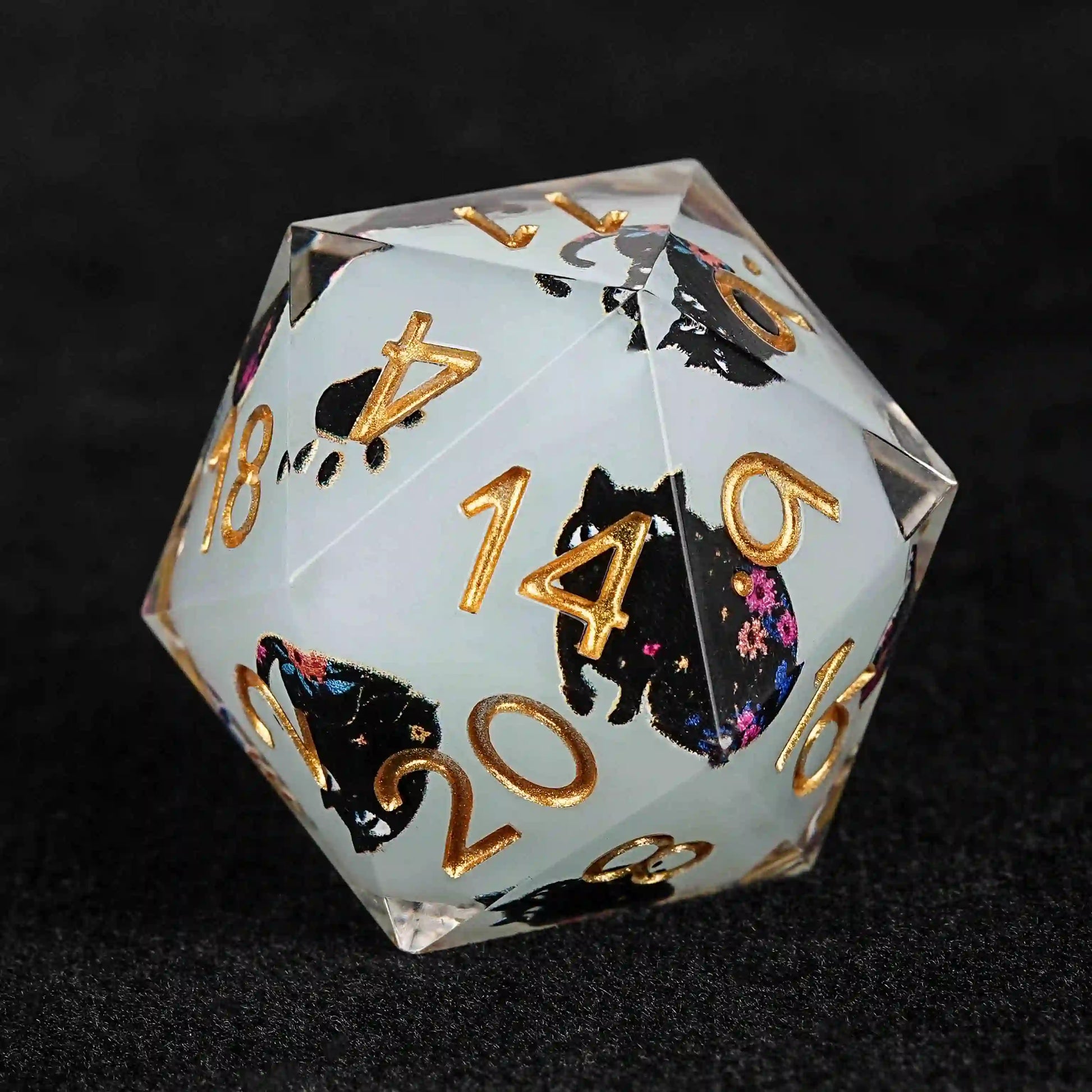 Cool dice set: 7 gold font polyhedron light green dnd black cat resin d20 dice | Bear Dice