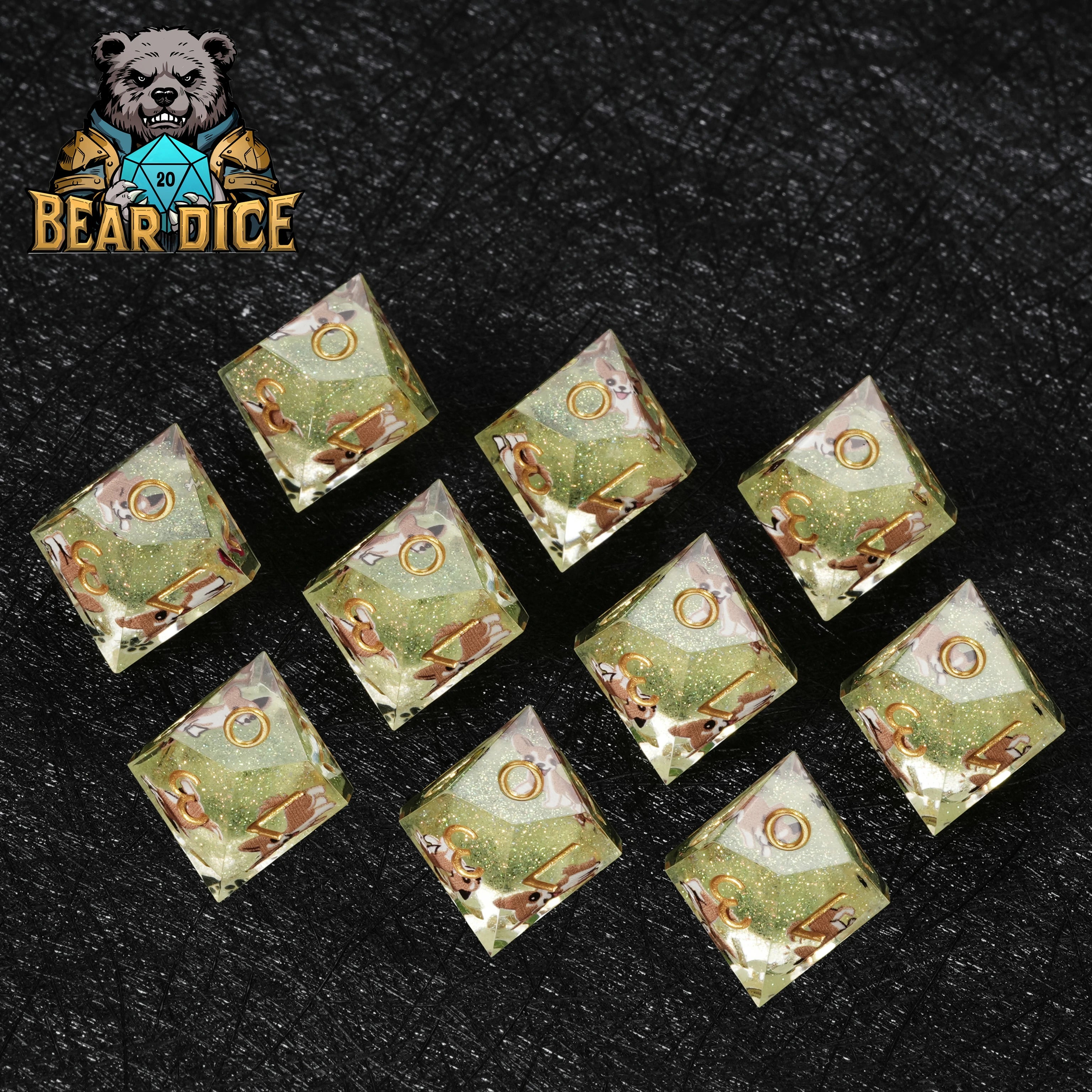 Chihuahua Green Glitter Resin DND D10 Dice | Bear Dice