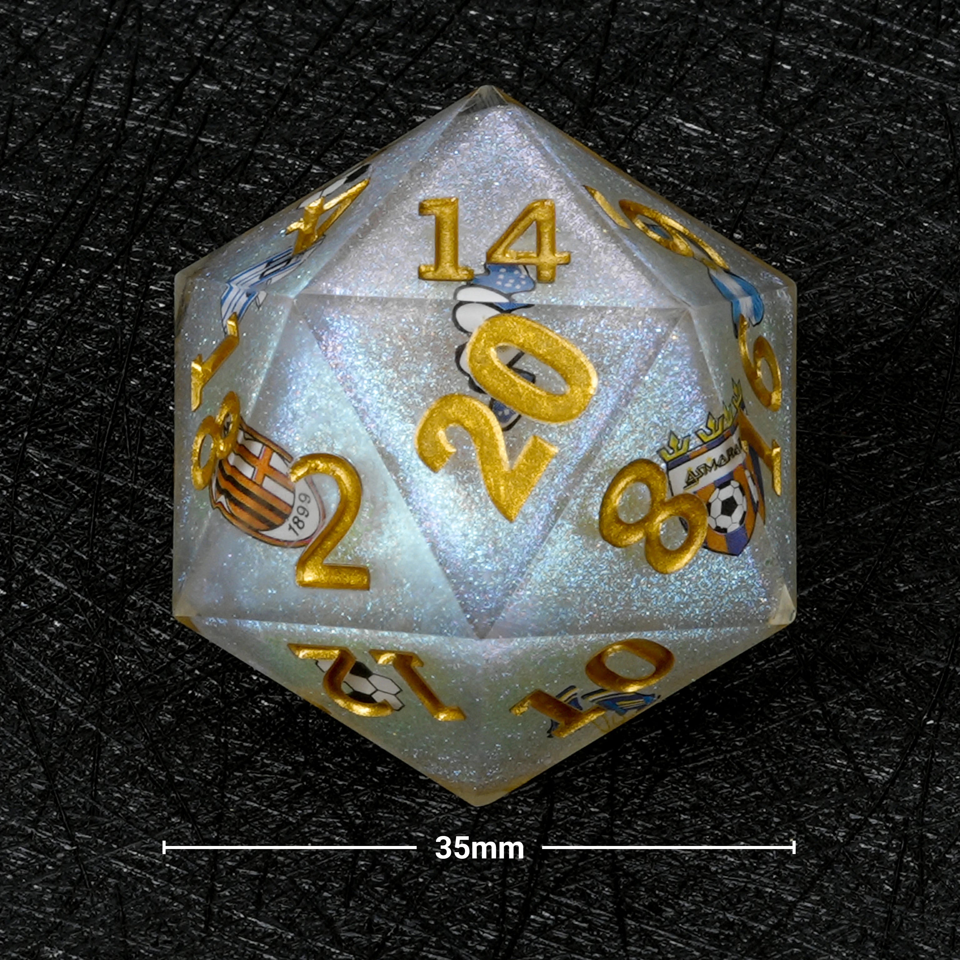 35mm World Cup Argentina Soccer White Glitter Resin Large D20 Dice