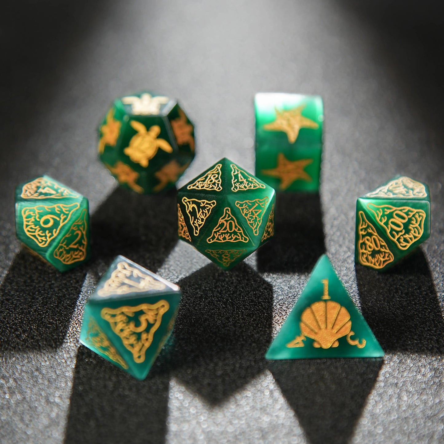 Green cat eye starfish gemstone D&D  dice set | Bear Dice