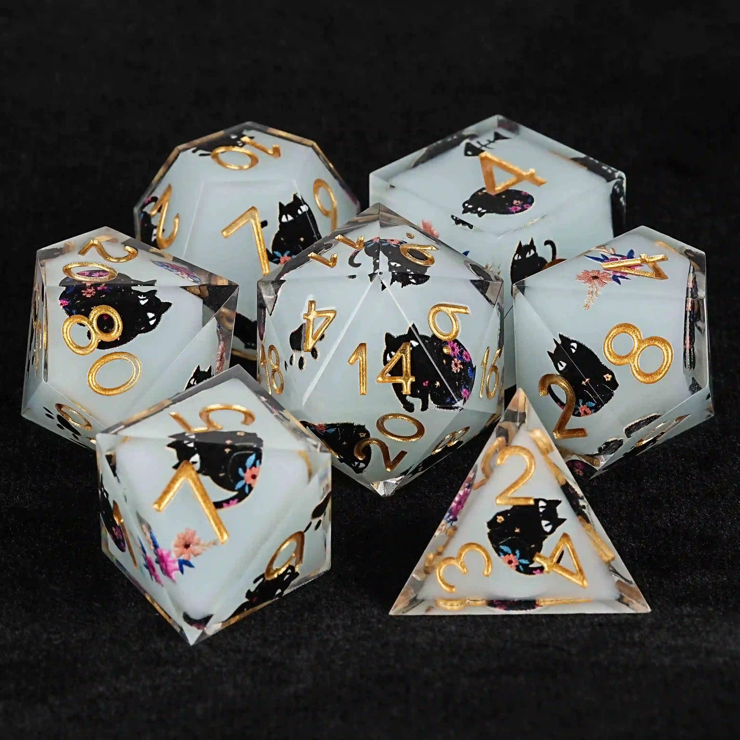 Cool dice set: 7 gold font polyhedron light green dnd black cat resin dice | Bear Dice